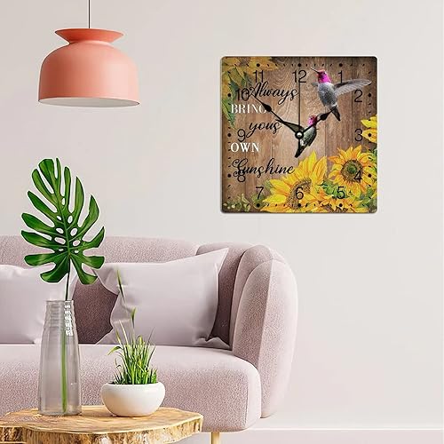 Miniatura 3 de Reloj de pared de PVC Always Bring Yours Own Sunshine Relojes sin marco, colibrí, girasol, 12 pulgadas, cita refranes, cuadrado, silencioso, sin