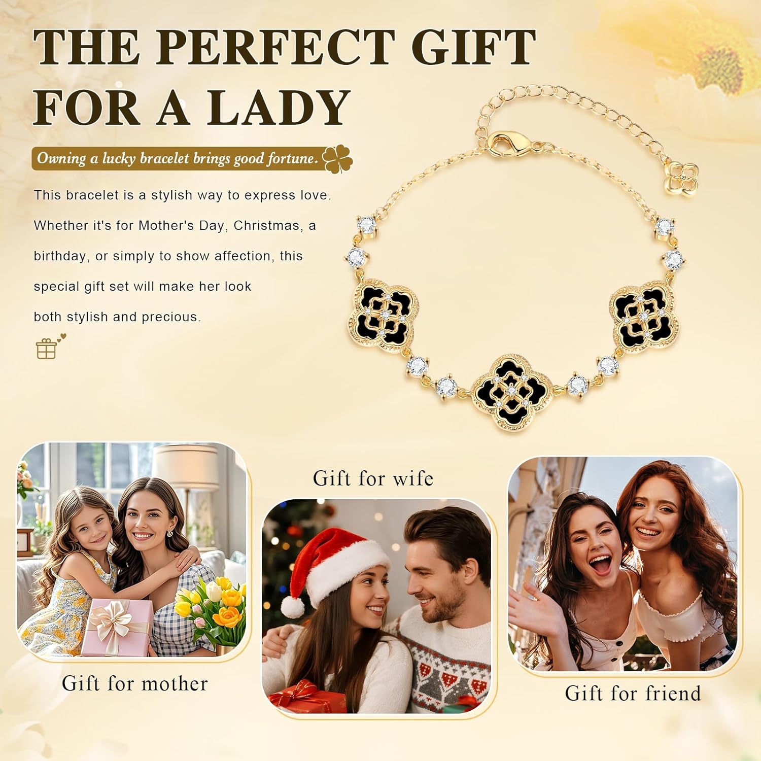 18K Gold Plated Clover Bracelets for Women, Four-Leaf Clover Bracelet with Sparkling Cubic Zirconia, Gold Charm Bracelet Lucky Link Dainty Jewelry, Trendy Unique Gifts for Women, GF, Mother, Wife, Her - Image 5