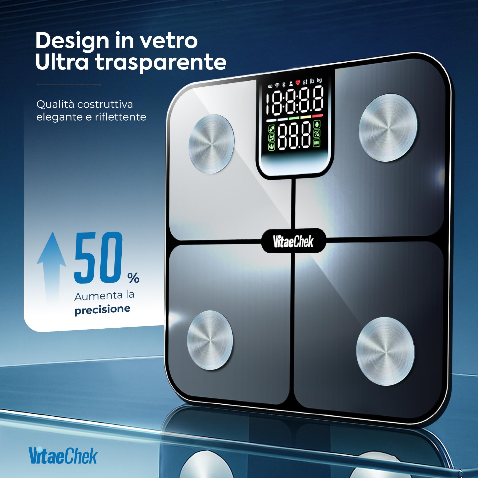 Bilancia Pesapersone Digitale Intelligente 180Kg Bluetooth con App, Impedenziometrica Professionale con Elettrodi in Acciaio Inossidabile, Display LED e 25 Indicatori Corporei