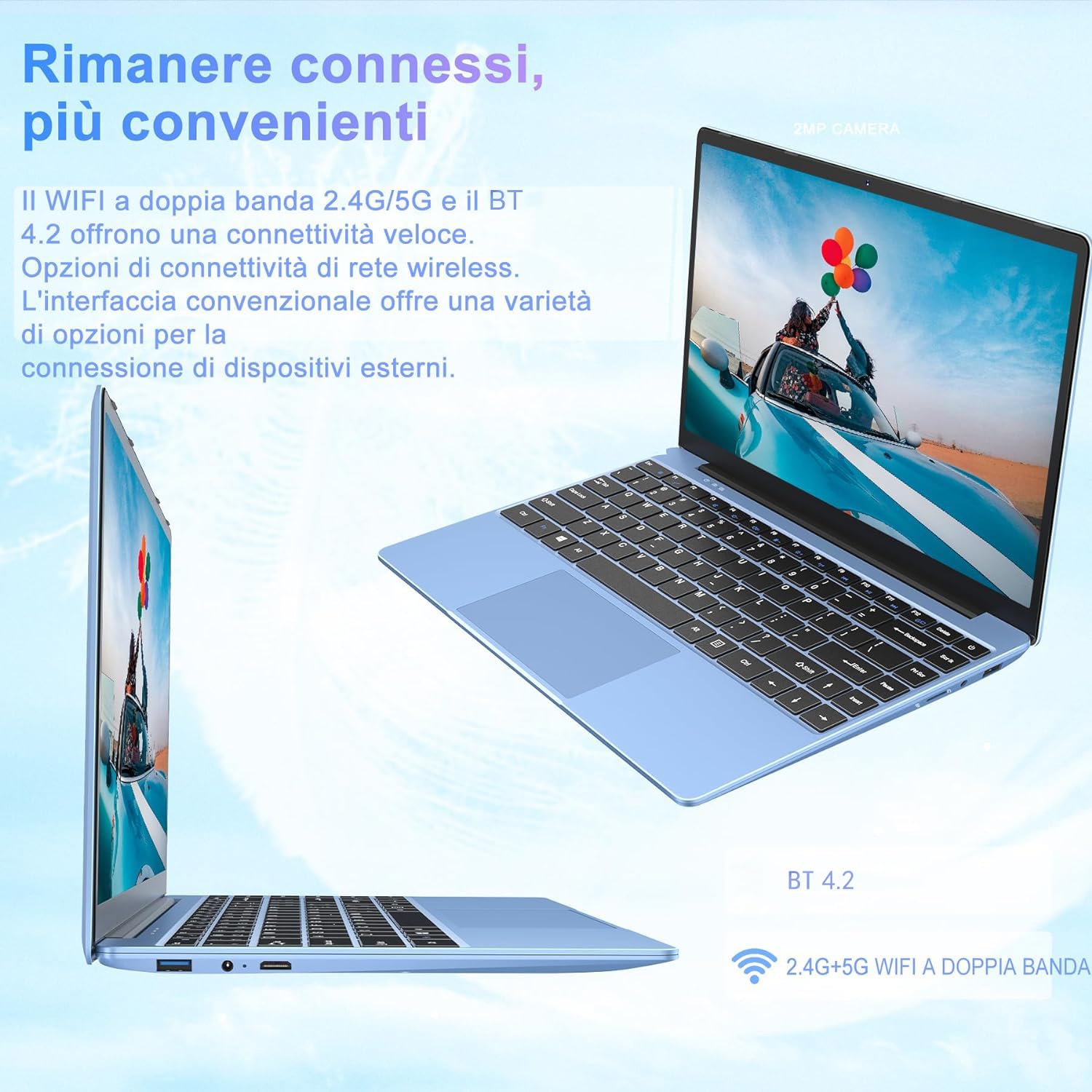 WOZIFAN Win 11 Computer PC Portatile Notebook 14 Pollici 1080P 6+256GB 2.4G+5G Supporta La Scheda SSD La Scheda TF Estesa, Wireless Bluetooth Mouse Wifi, Italiana Tastiera blu