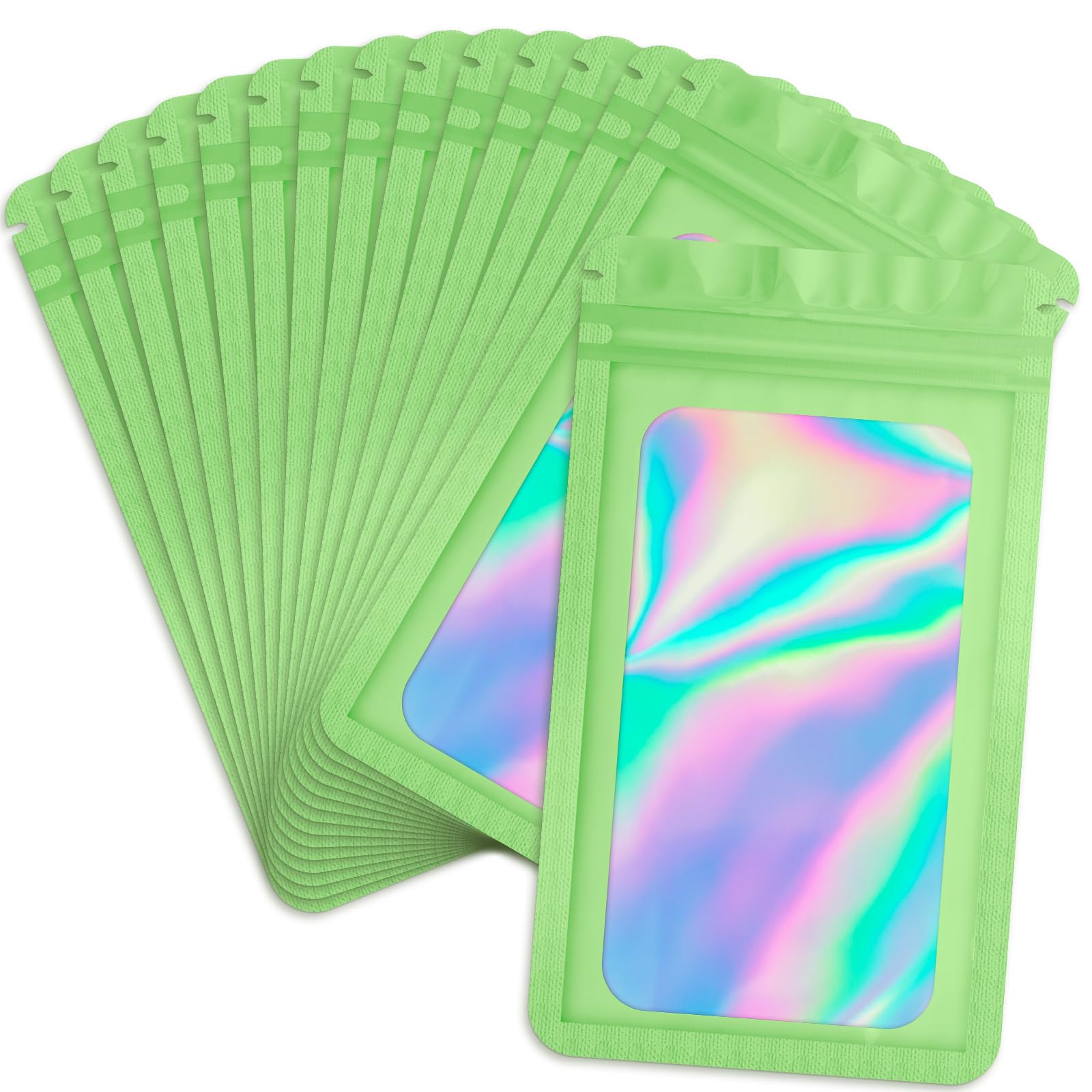 Durimoiy 100 Pack Holographic Bags, Resealable Bags for Small Business with Front Window Sample Baggies Sealable Mylar Bags (3.5x6.3 Inch, Green)