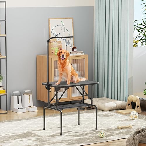 Miniatura 7 de ROOMTEC Mesa de aseo para perros de 32 pulgadas, mesas plegables de aseo para mascotas en casa con brazo ajustable, nudos, bandeja de malla