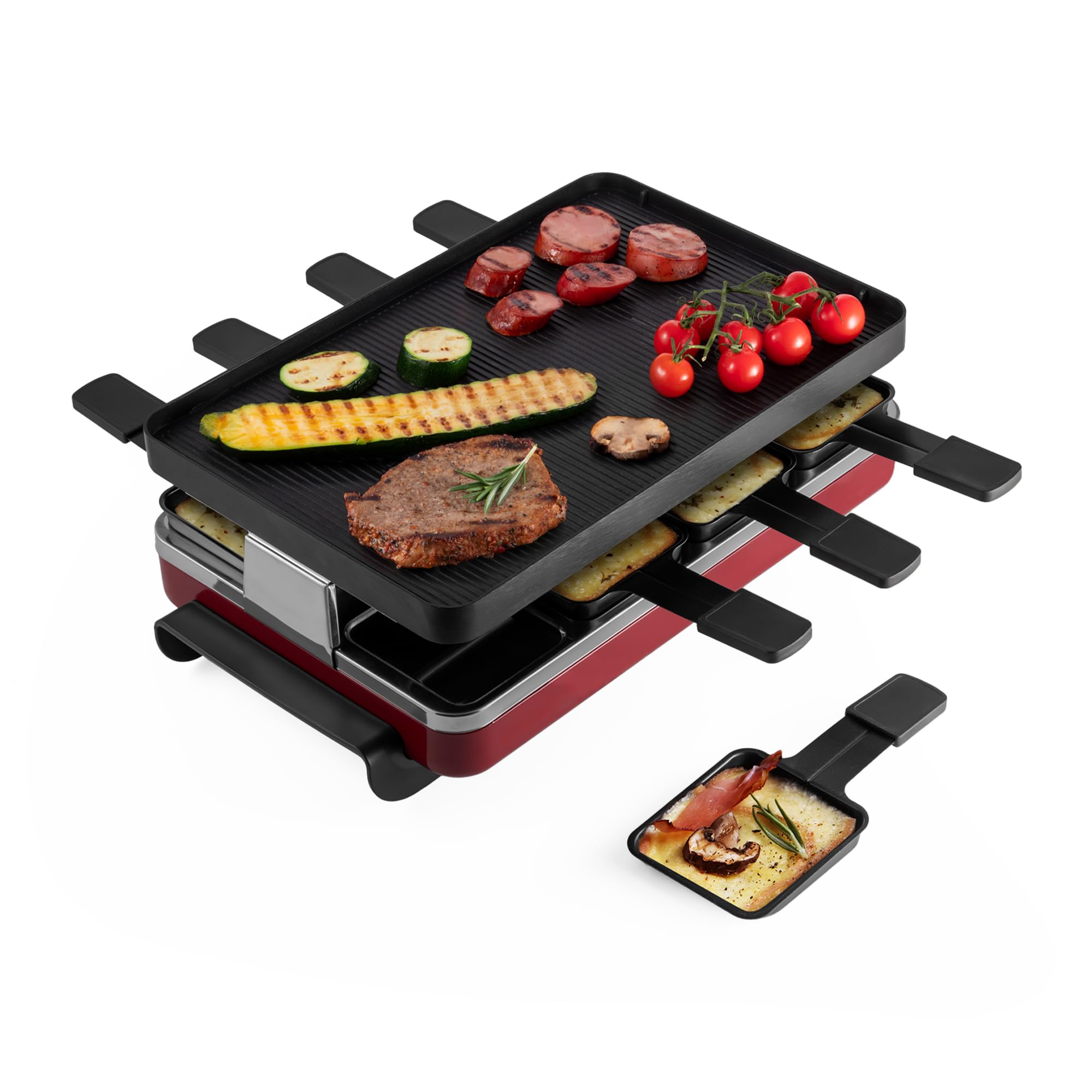 Swissmar Classic 8-Person Raclette Party Grill with Reversible Cast Aluminum Non-Stick Grill Plate/Crepe Top, Indoor Electric Raclette Grill & Griller - Black Grill Plate - Red