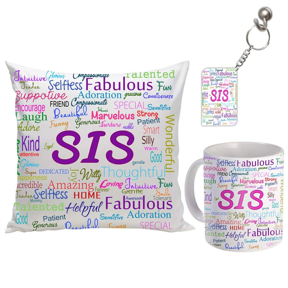 SKYTRENDS Rakhi Gift for Sister Ceramic Coffee Mug with 1 Keychain, 1 Cushion Cover with Filler