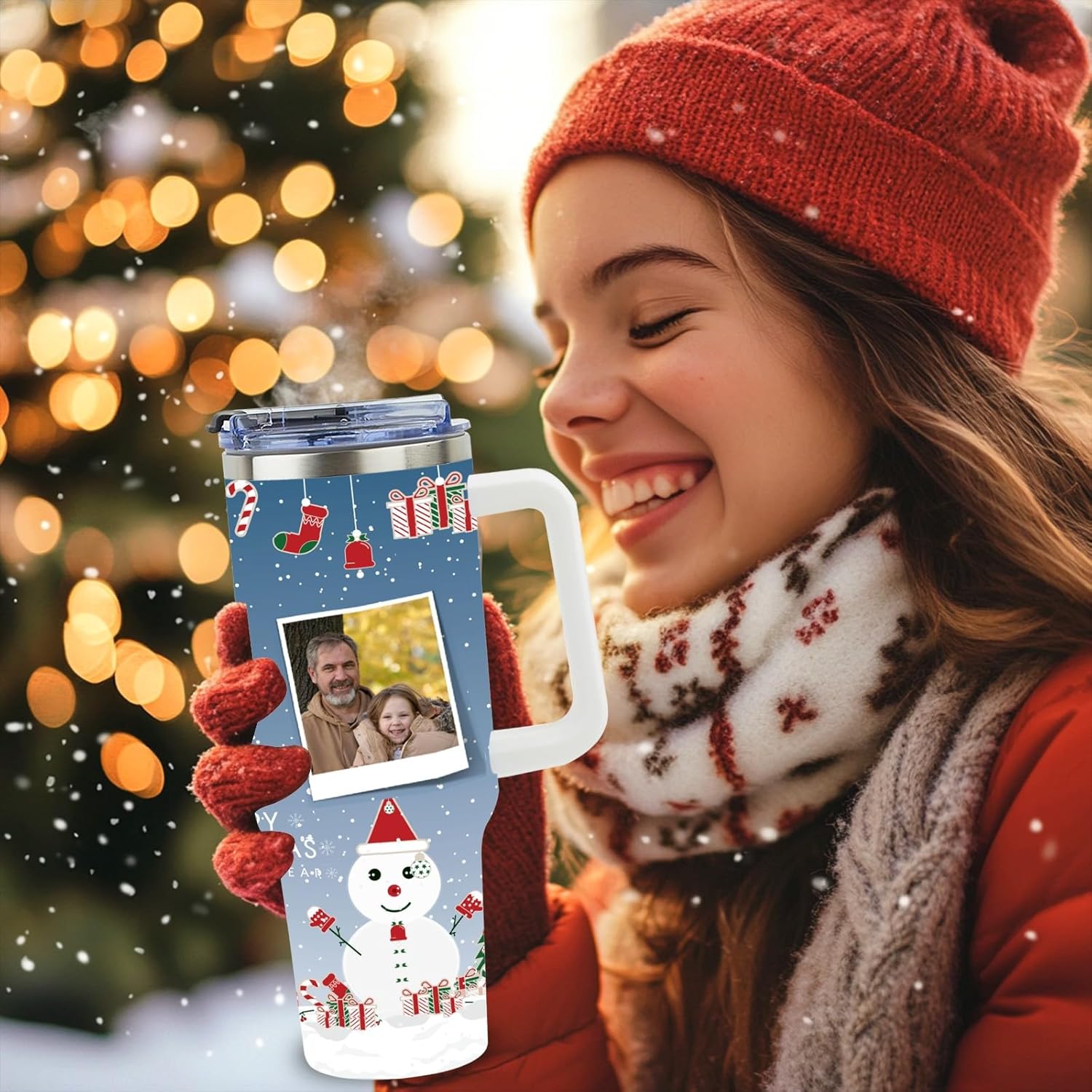 Personalized 40oz Photo Tumbler Custom Xmas Coffee Tumbler Stainless Steel Travel Mugs,Customized Picture Water Bottle for Christmas, Birthday Halloween Valentine’s Day Personalized Gifts