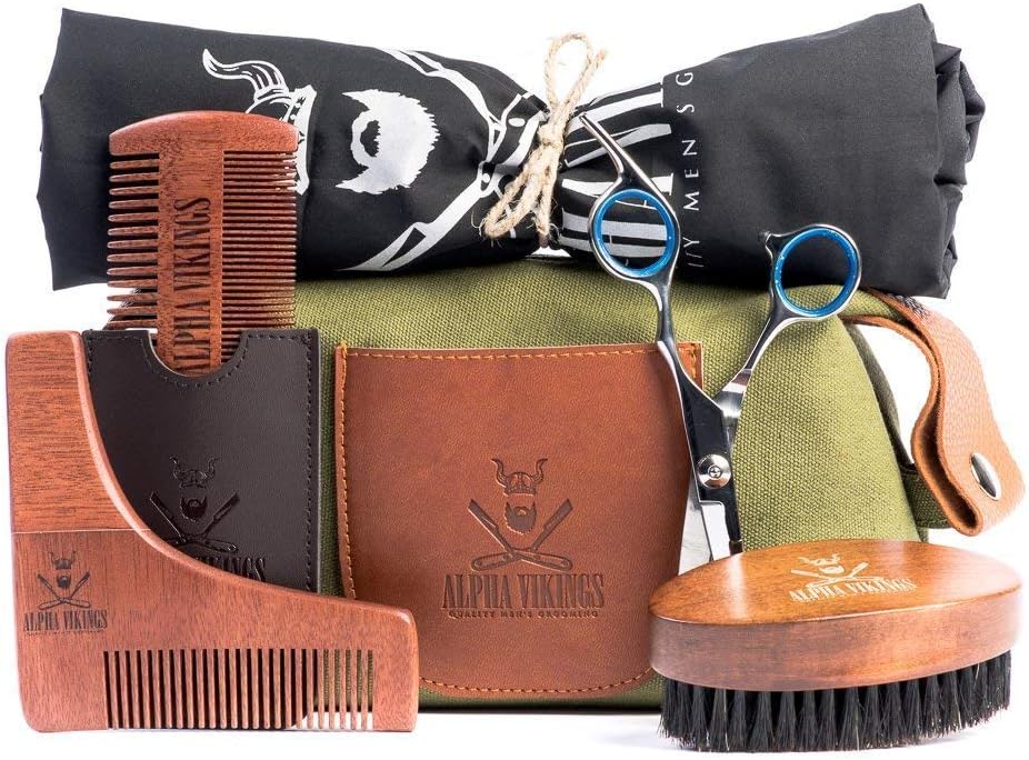 Beard Care Grooming Kit for Men. Beard Brush, Barber Scissors, Beard Shaper, Apron, Comb with Leather Pouch. Canvas Bag for Beard Growth Lovers. Xmas Gift for Him