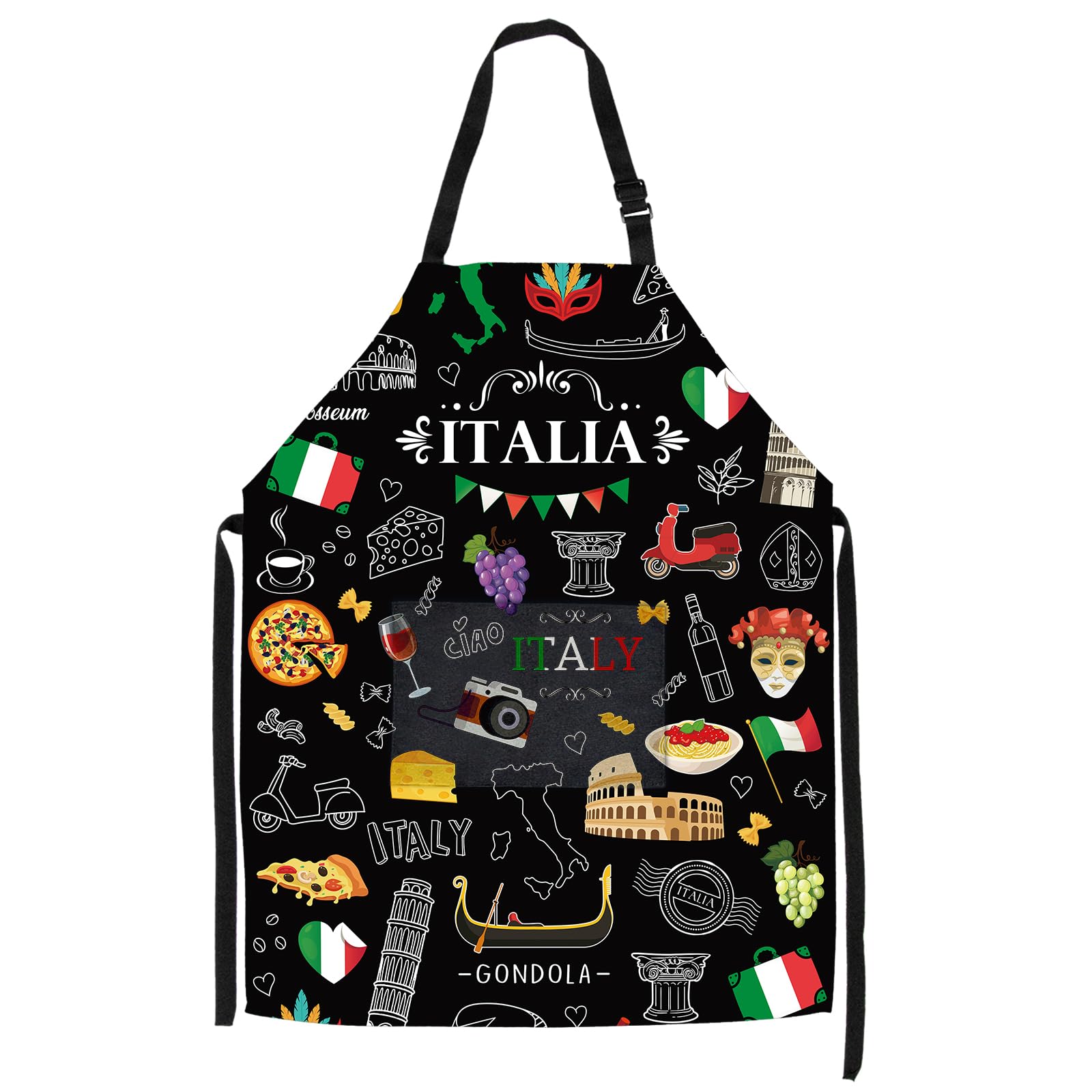 Black Italian Aprons for Cooking, Funny Italian Aprons for Women with Pockets, Italian Cooking Apron for Adults, Kitchen Apron Italian with Food & Special Prints, Grilling BBQ Cooking Aprons for Men