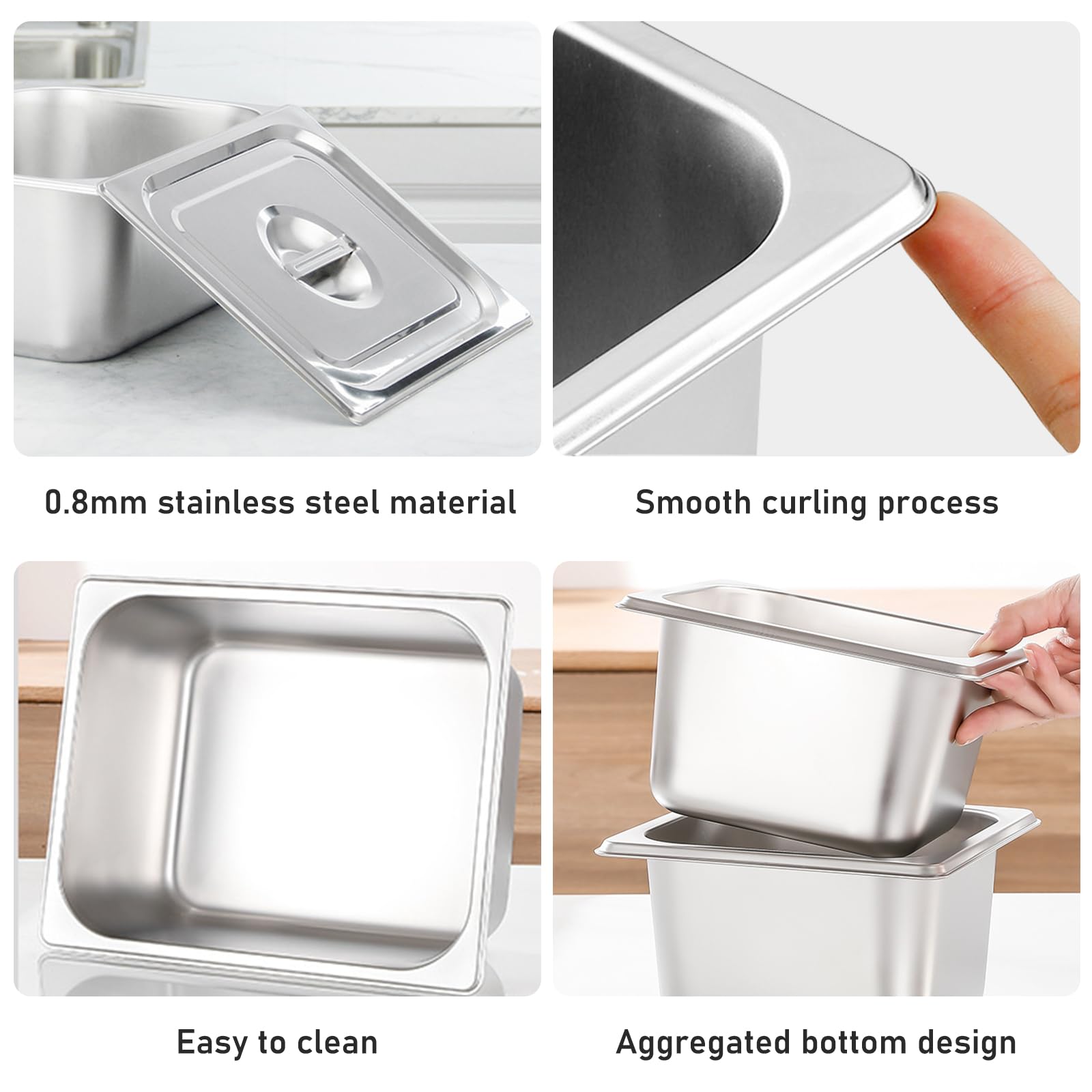 Juego de 3 recipientes GN 1/6 – Recipiente de acero inoxidable con tapa – Resistente al calor, apto para alimentos e ideal para cocina, buffet y catering