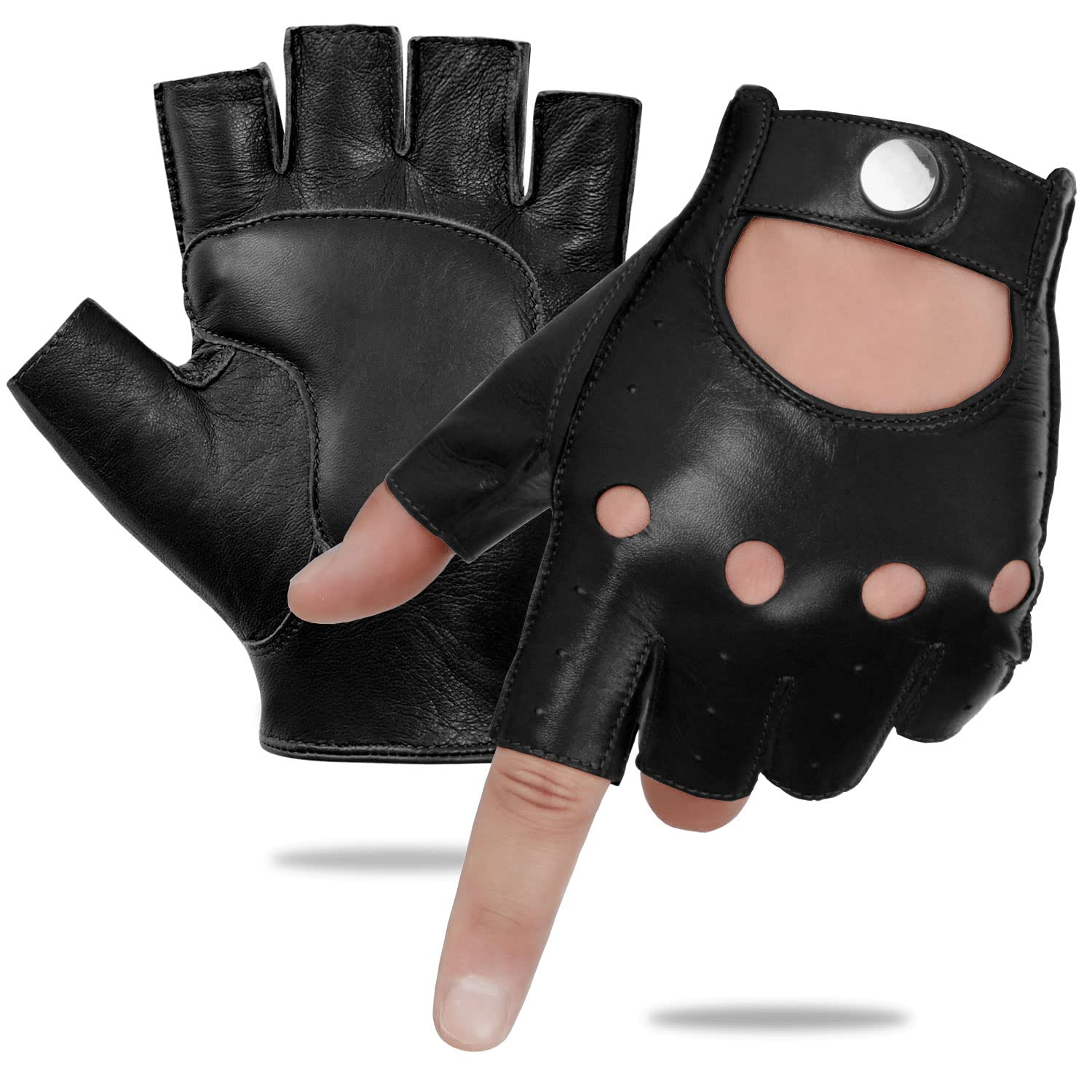 GSG Herren fingerlose Lederhandschuhe für Fahren, Radfahren, Halbfinger, Motorradschutz, schwarz ungefüttert - Schwarz - 10