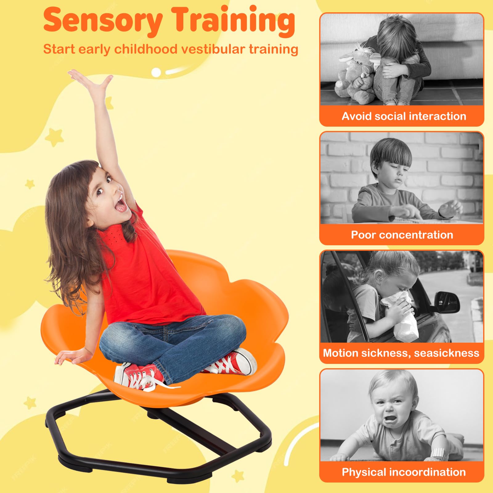 Kinder Drehstuhl für Autismus, Sensorischer Drehstuhl für Training Physische Koordination und Gleichgewicht, 360°-Drehsitz Spielgeräte, Autismus-Sensorikspielzeug für Jungen und Mädchen(Orange)