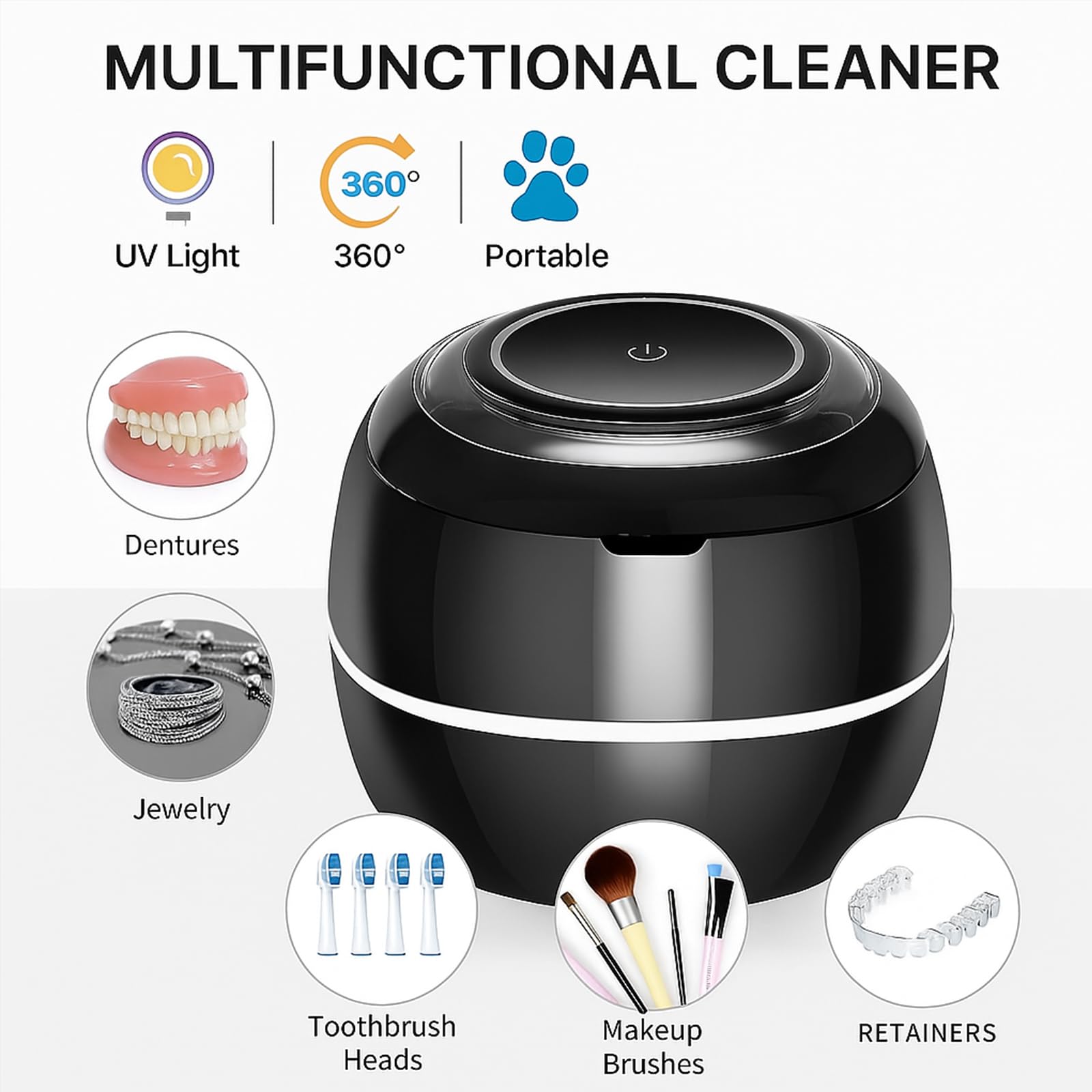 Ultrasonic Retainer Cleaner，For Dentures, Retainers, Aligners, Mouthguards & Jewelry – 360° Deep Cleaning(White)