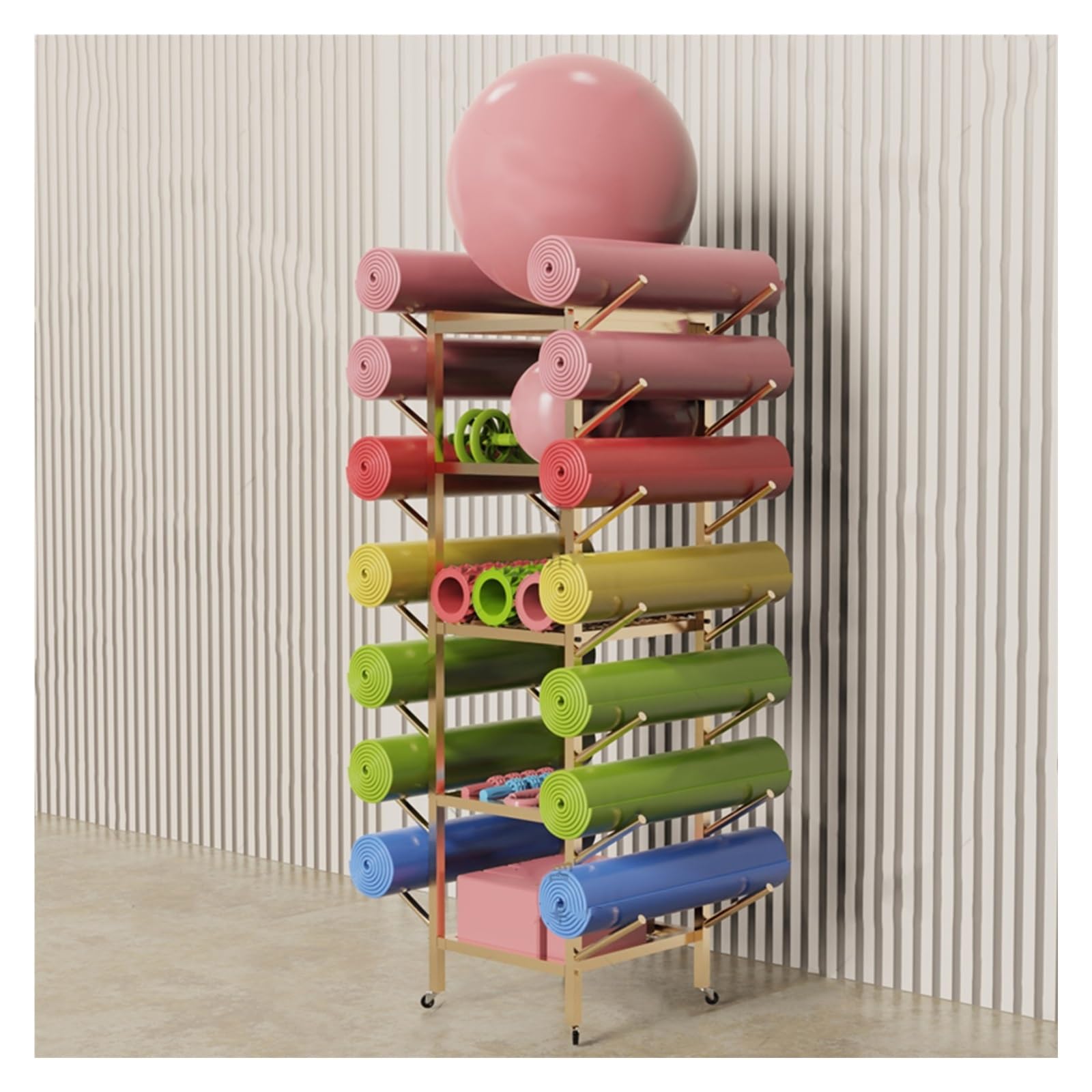 JYHHGDS Gold Yoga Mat Storage Rack - 5-Tier Free Standing Organizer for Home Gym, Holds Dumbbells, Foam Rollers & Yoga Blocks, Durable Rolling Cart for Workout Equipment, Commercial Quality Fitness