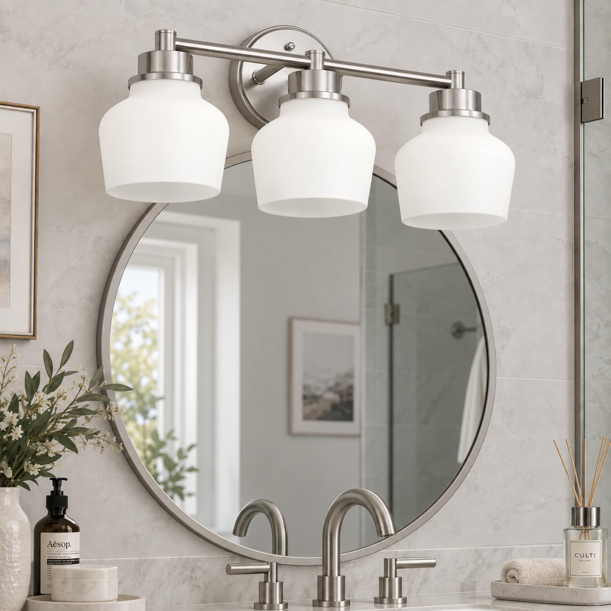 Emak Brushed Nickel Vanity Lights, Modern Milk Glass Bathroom Light Fixtures, 3-Light Bathroom Vanity Light Over Mirror, VL122-BN-ML-3