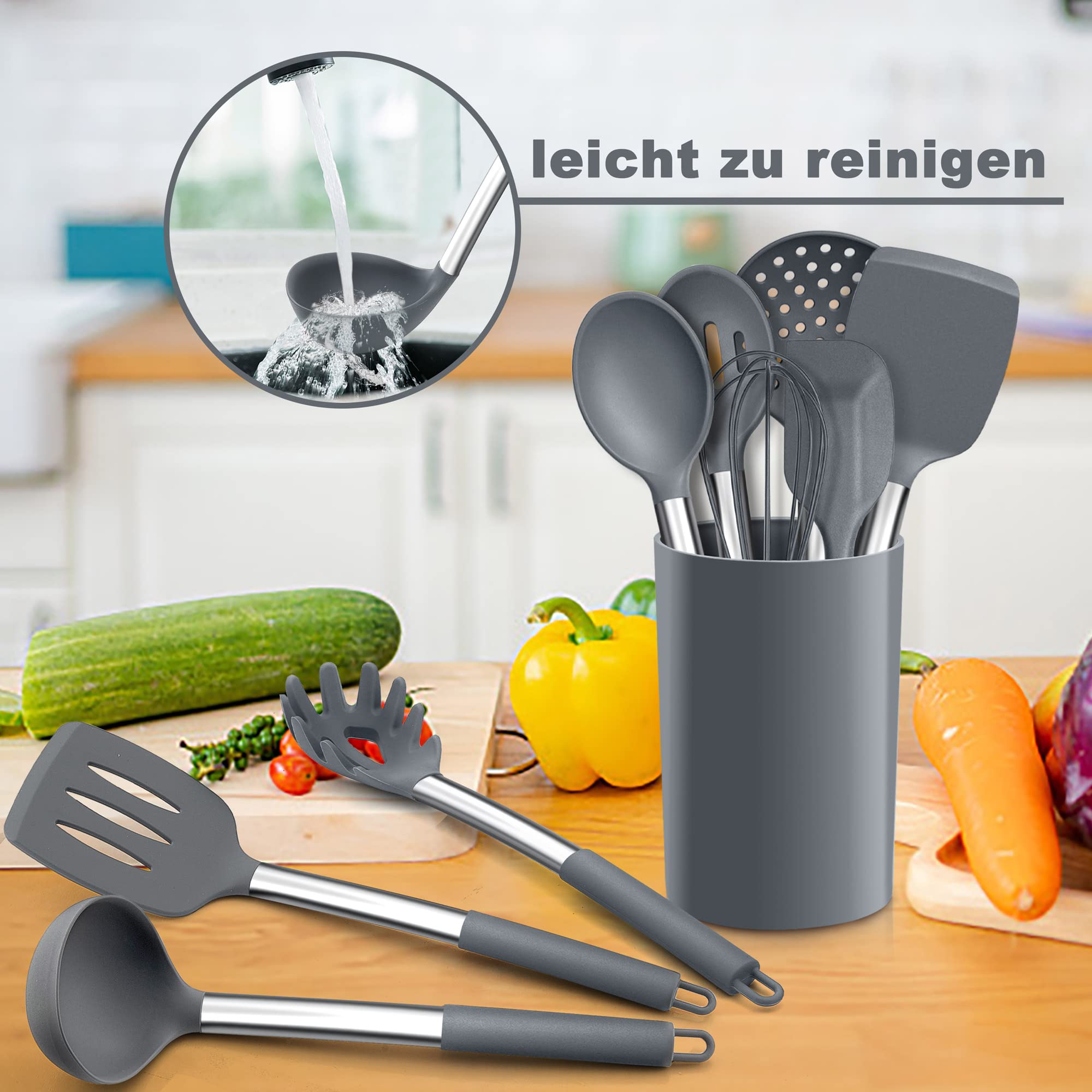 Herogo Set di utensili da cucina in silicone, 22 pezzi, set di posate da cucina con supporto per utensili, utensili da cucina resistenti al calore con manico in acciaio inox
