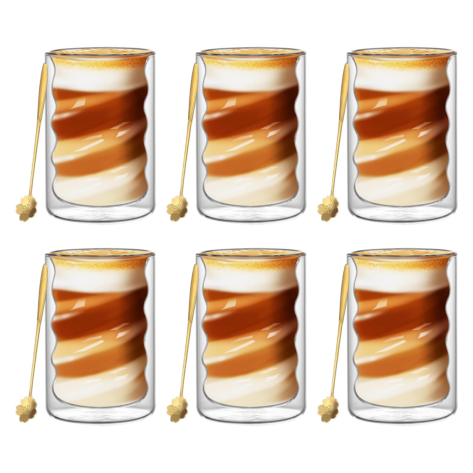 Bicchieri Per Latte Macchiato, 6PCS 375ml Bicchieri Da Caffè A Doppia Parete Bicchieri Da Cappuccino Con 6 Cucchiaini Tazzine Da Caffè Freddo Bicchieri Termici A Spirale In Vetro Borosilicato