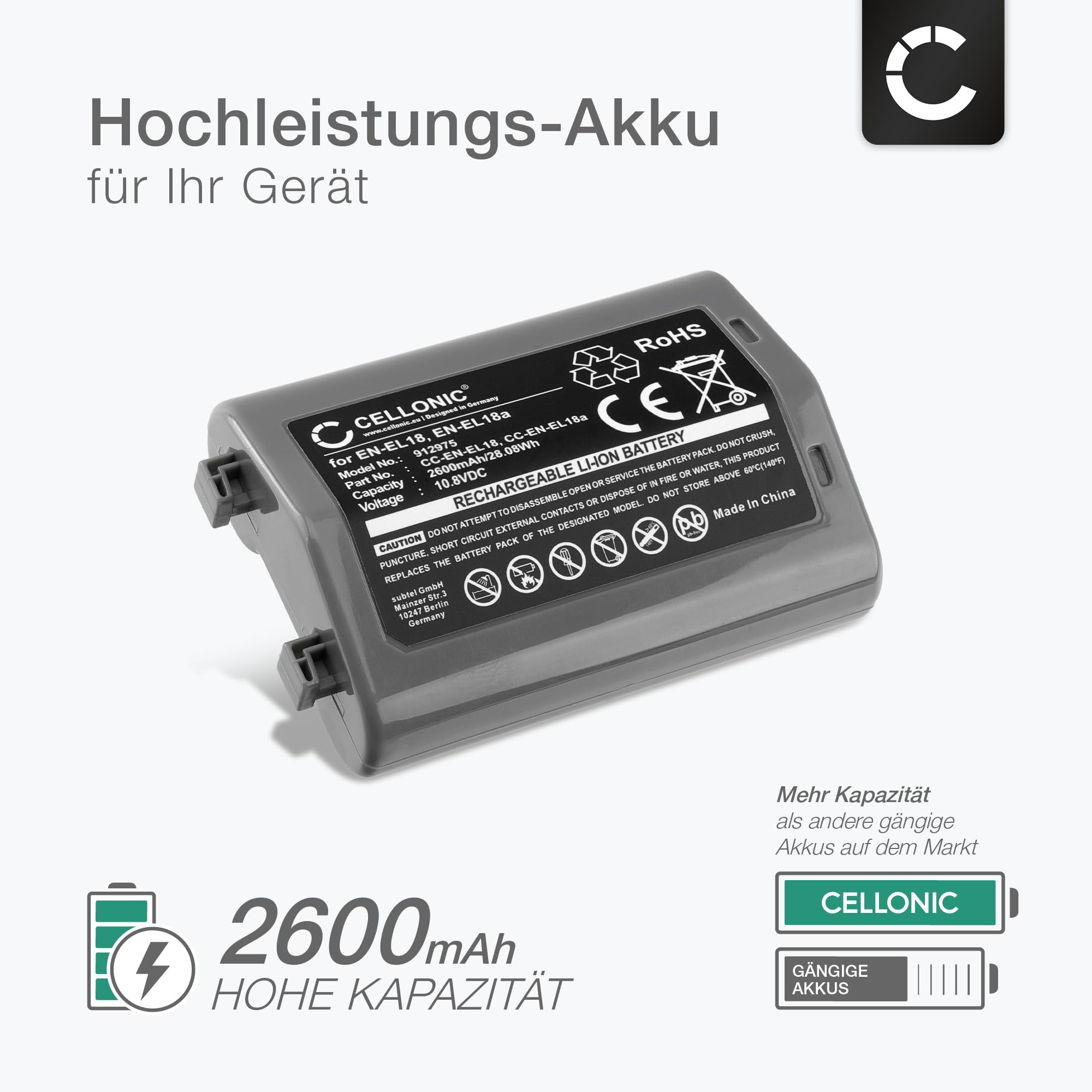 subtel 2X Akku kompatibel mit Nikon D4, D4s, EN-EL18 | 2x, (2600mAh-10.8V-Lithium-Ionen), Kamera Akku, für Nikon MB-D17, EN-EL18, EN-EL18c, EN-EL18a, D4, EN-EL18b, D800E, D6, D4s