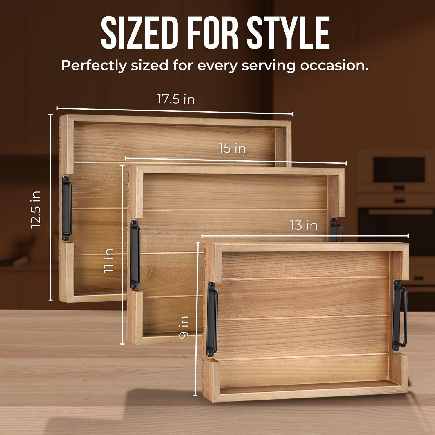 Flexzion Set di 3 vassoi da portata rustici, impilabili in legno di abete con manico, vassoio per la colazione in legno, vassoio per salumi annidato resistente, per tavolino ottomano, set di vassoi
