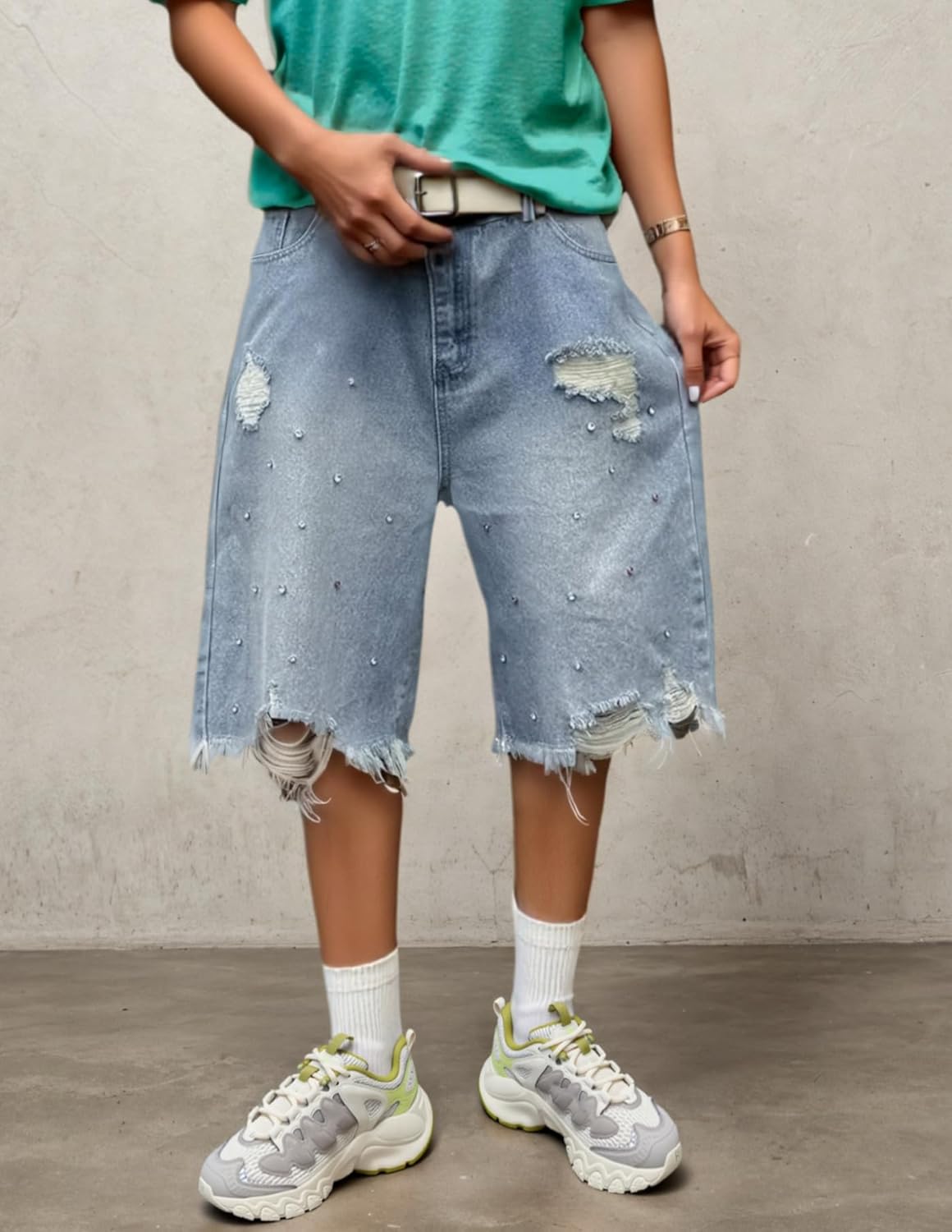 Unisex Jorts Baggy Denim Shorts Rhinestone Ripped Frayed Hem Mid-Low Rise Bermuda Streetwear Y2K - Image 5