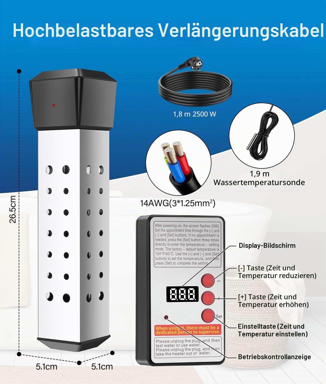 WADEO Tauchsieder 2500W mit Digitaldisplay und Isoliergriff, Elektrischer Tauchwasserbereiter Wassererhitzer, Präzise Temperaturregelung, Tragbarer Wasserkocher Edelstahl für Camping, Reise, Notfälle