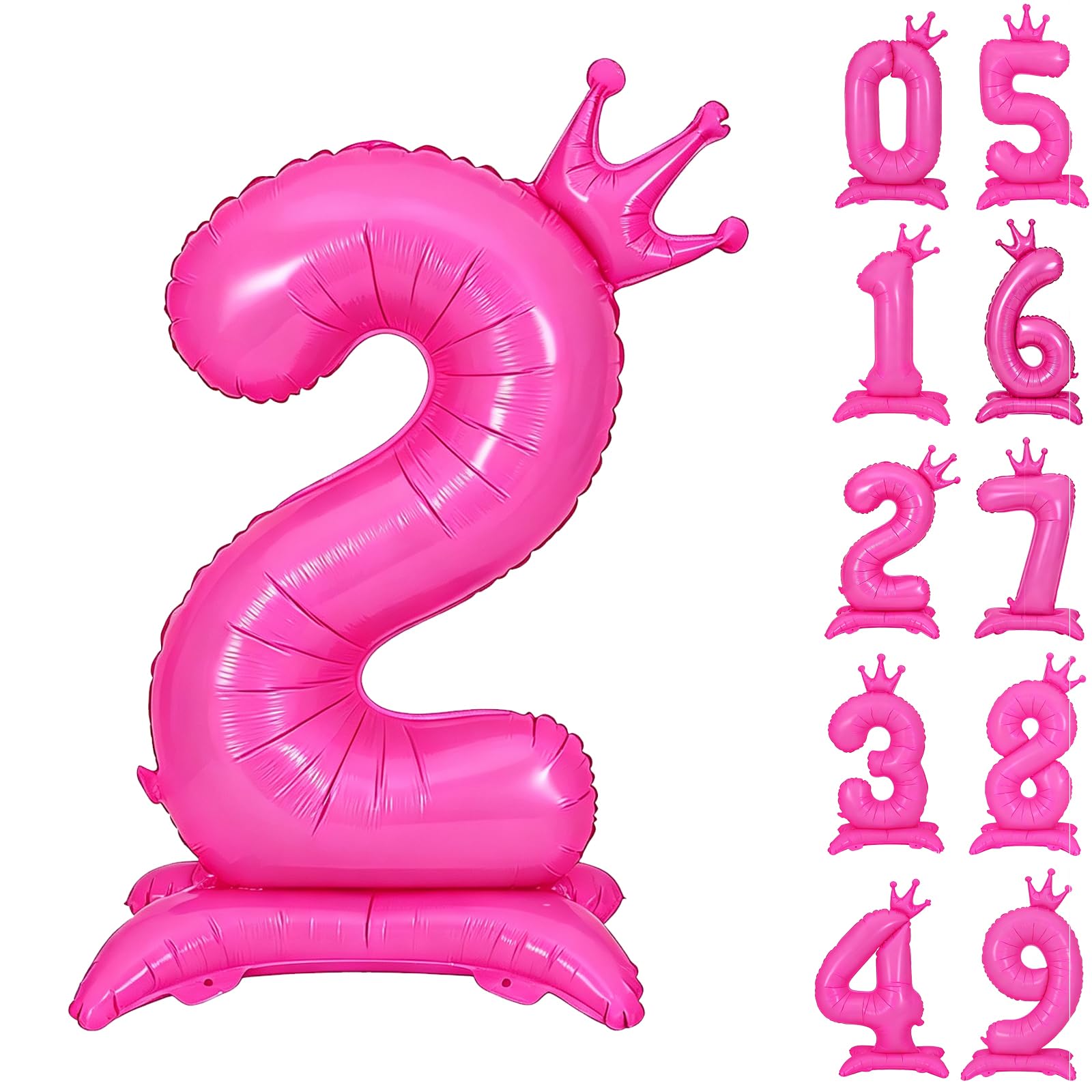 Fluorescent Pink Standing Number 2 Balloon 42 Inch Fluorescent Rose Pink Crown Balloons 0-9 Giant Foil Number 2 Balloon with Crown Birthday Party Decorations Supplies