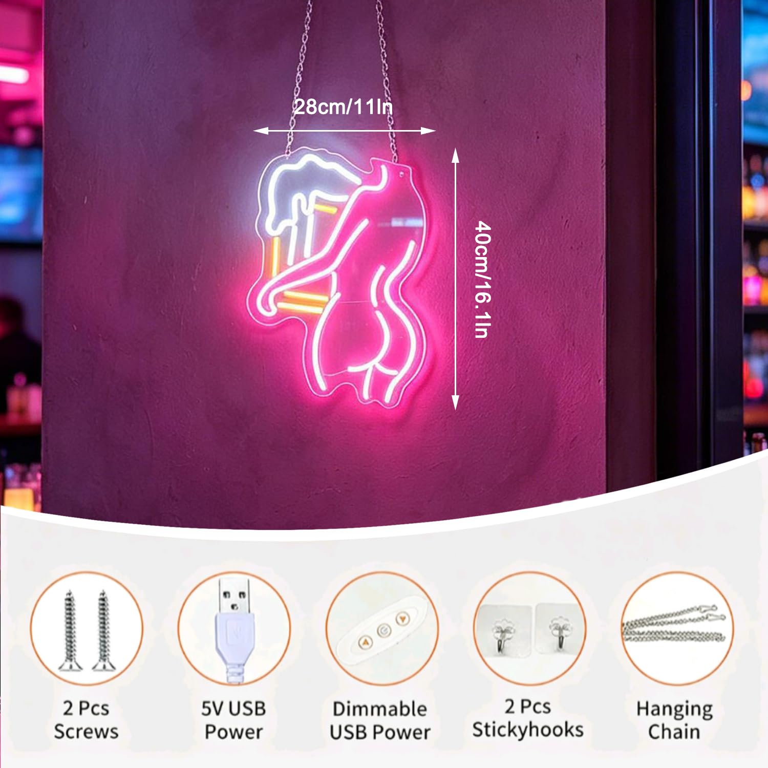 Lady Back Neon Schild, Rosa Sexy Lady dimmbare LED Wandleuchte mit USB-Betrieb, Bier Geschenke für Männer, Bar Zubehör Deko für Wand, Schlafzimmer, Männerhöhle, Cafe, Party