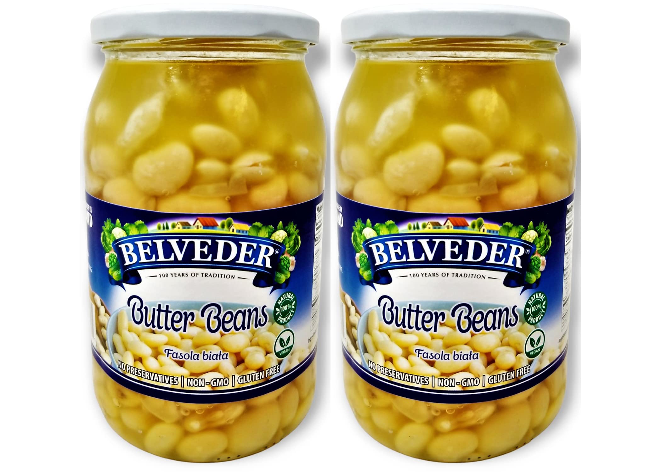 BelvederButter Beans, All Natural Products with No Preservatives, Non-GMO, Gluten Free and Vegan Butter Beans 31.74 Oz Pack of 2