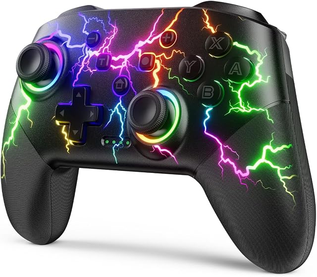 Wireless Controllers Compatible with Switch/Switch Lite/Switch OLED/Windows/iOS/Android, RGB Lightning Programmable 1000mAh Wireles Pro Controller with One Key Pairing Wake Up Turbo Motion Vibration