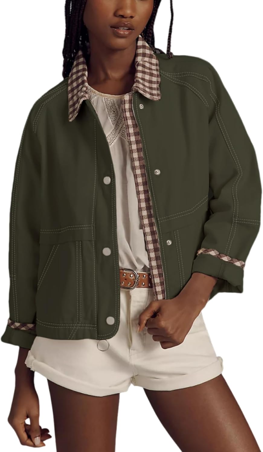 Aimiray Cropped Bomber Jacket Women Zip up Plaid Barn Jacket Casual Gingham Fall Coats with Pockets