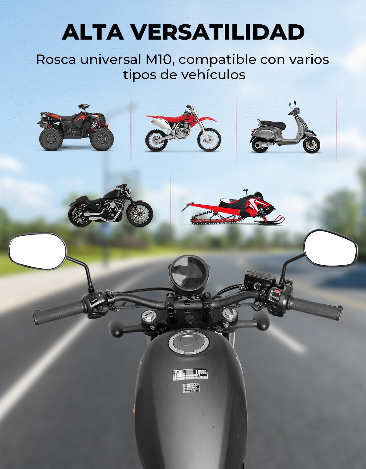 KEMIMOTO Retrovisores Moto, Fabricados en Aleación de Aluminio, Universales Espejos Motocicleta M10, Ajustables 360°, Amplia Área de Visión, para la Mayoría de Motos