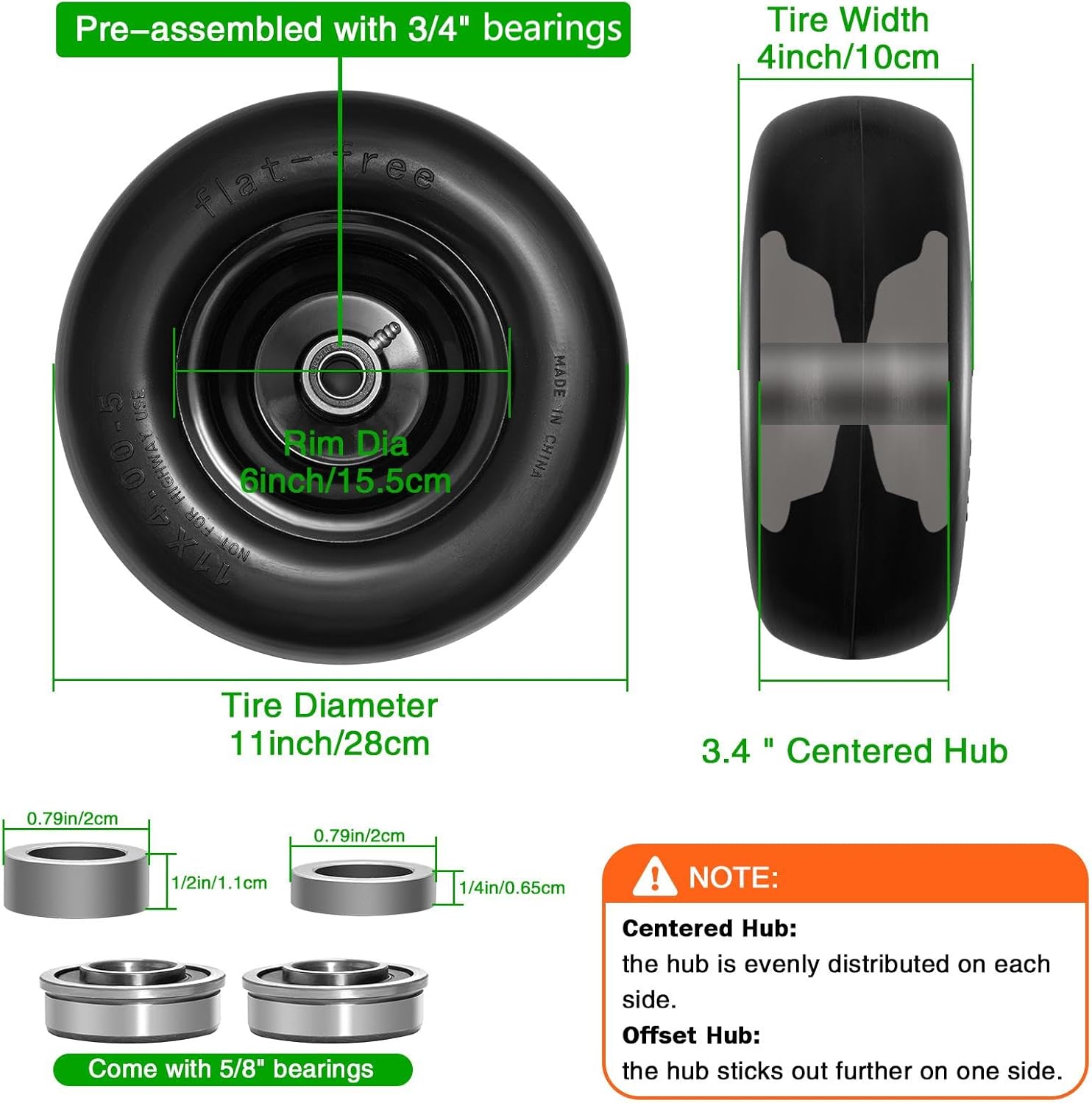 11x4.00-5" Lawn Mower Tire on Wheel Flat Free 2 PCS, 3/4" or 5/8" Bearing, Solid Mower Wheel for Residential and Commercial 3.4"-5" Centered Hub, Zero Turn Mower Front Tires