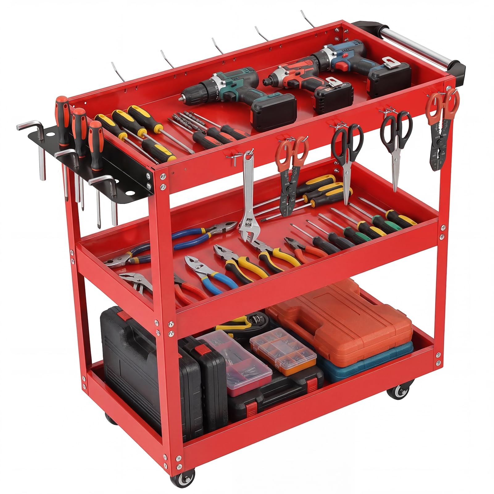 Taeiur 3-Tier Rolling Tool Cart or Kitchen Cart, Metal Heavy Duty Utility Carts with Side Hooks, 4 Wheels, Handle, 330lbs Load Capacity Tool Organizer Carts for Warehouse, Garage Red