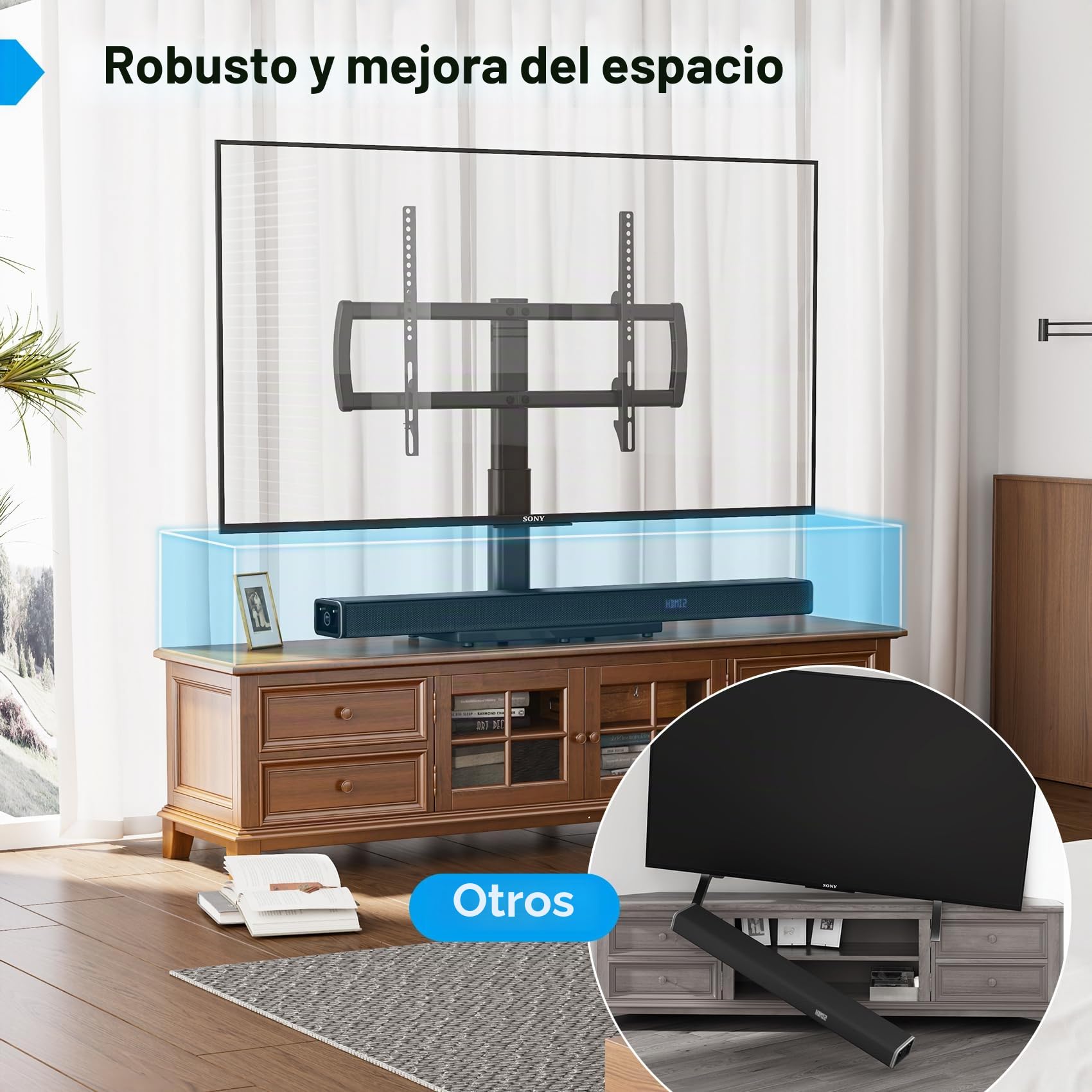 Hemudu Soporte Pie TV Universal, Peanas para Televisiones 32 a 70 Pulgadas, Soporte TV Mesa Altura Ajustable de 4 Niveles, Base de Cristal Templado de Alta Resistencia, MAX 50 Kg, MAX Vesa 600x400 mm