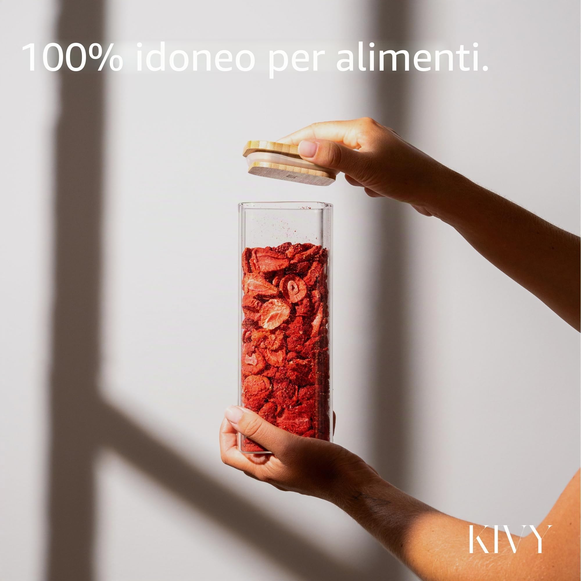KIVY Barattoli rettangolari [set da 12 pezzi] + etichette – barattoli impilabili e ermetici con coperchio – Barattoli con coperchio ermetici – Barattoli rettangolari – Bambù