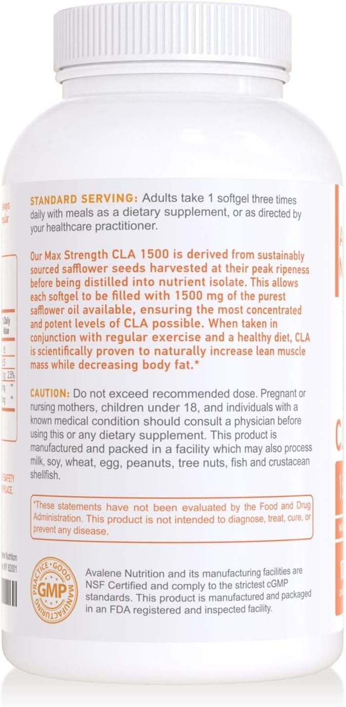 Avalene Nutrition CLA 1500, Max Potency - Natural Weight Loss Exercise Enhancement, Increase Lean Muscle Mass, Non-Stimulating, Non-GMO 100% Safflower, Gluten Free, 180 Count - Made in USA