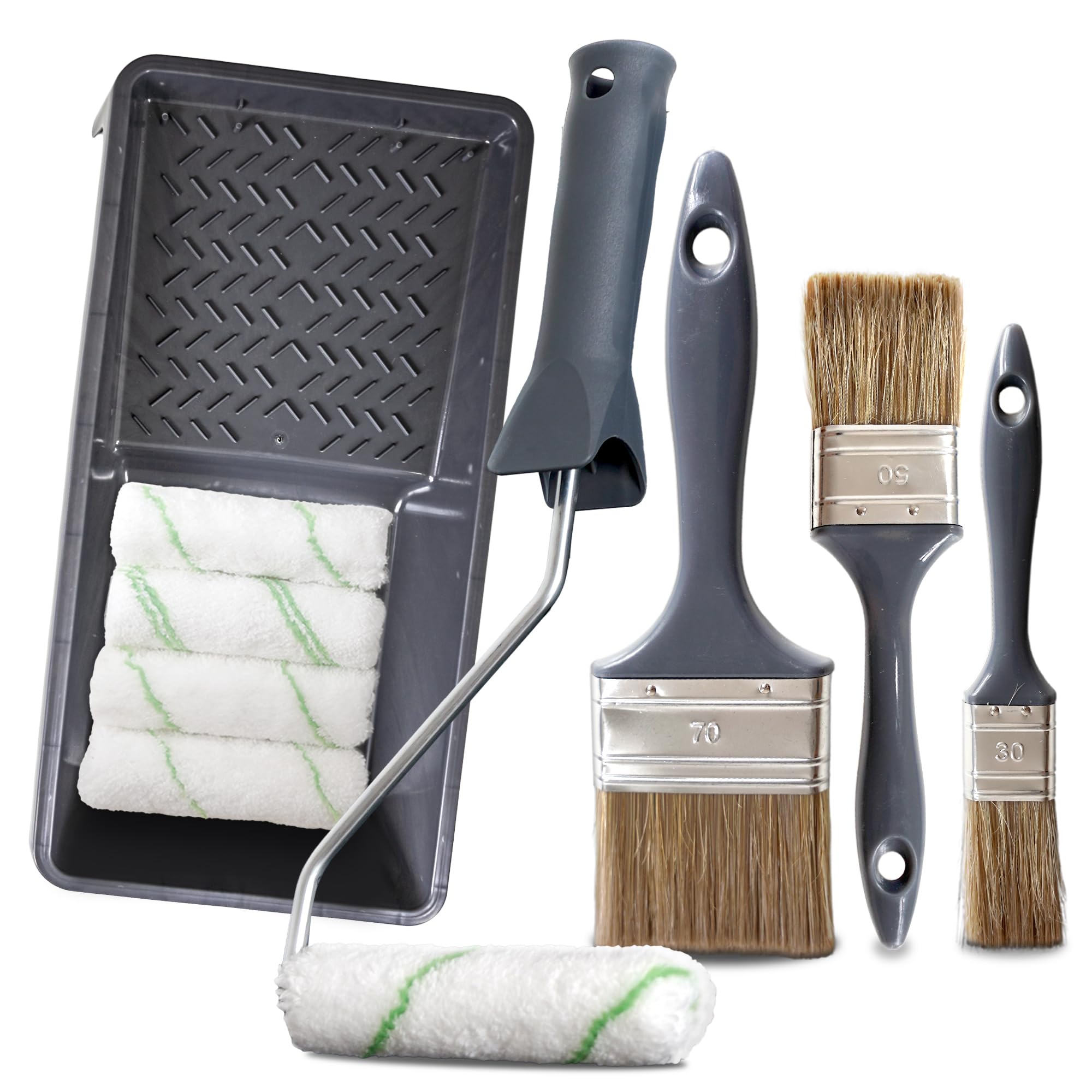 ORGAFLIX Profi Lasur Farbroller-Set 10-TLG. für Holzschutz, Lasuren, Öl, Beize und DIY Projekte, Farbwanne 15x30cm, 3X Lasurpinsel 70cm, 50cm, 30cm, 5X Farbwalzen 10cm für lasuren mit 1x Steckbügel