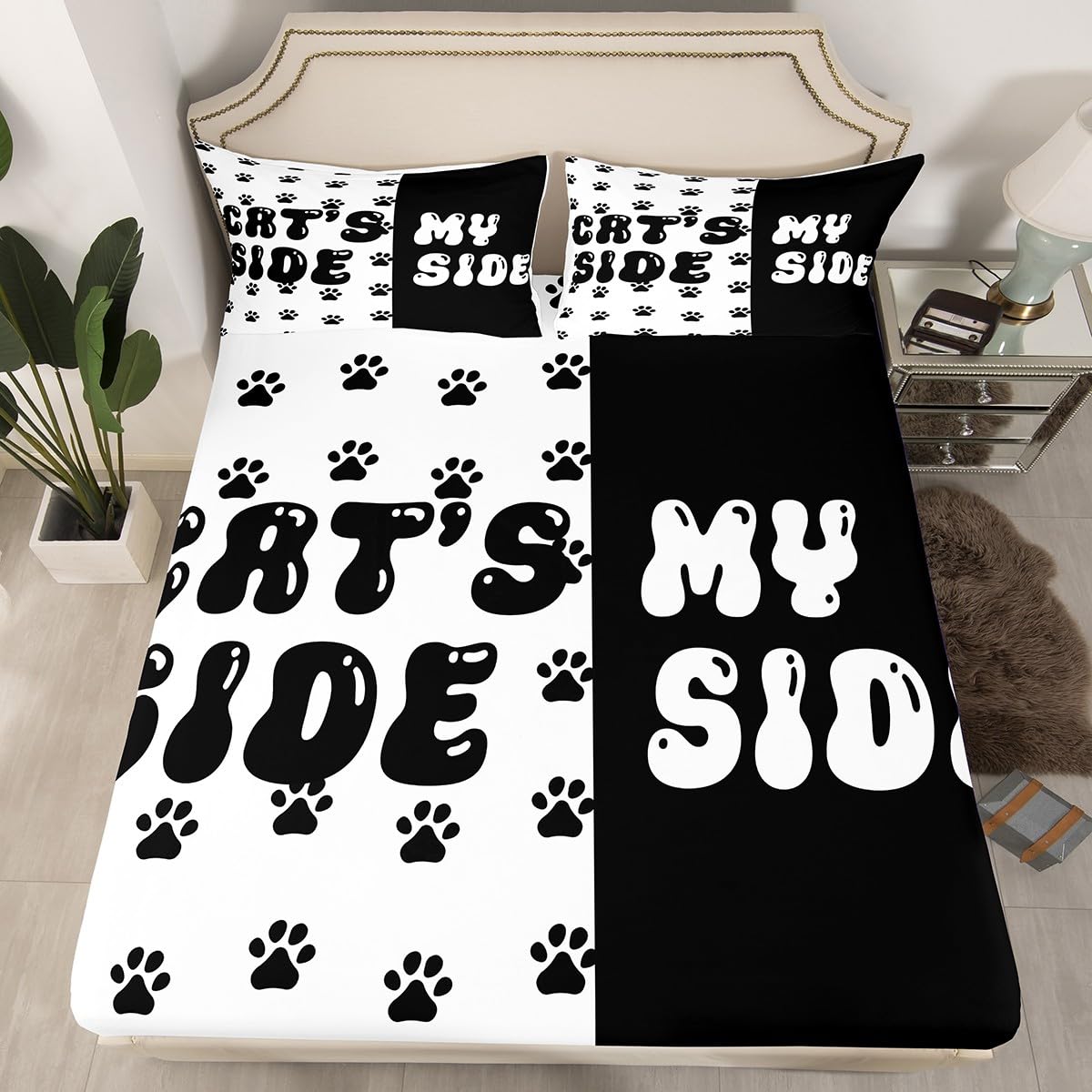 Kawaii Cat Paws Print Kids Fitted Sheet Double Size,Cat Side My Side Bedding Set,Boys Girls Room Decor,Cartoon Animal Pet Rustic Bed Cover,Black White Bed Sheet,2 Pillowcases(No Top Sheet)