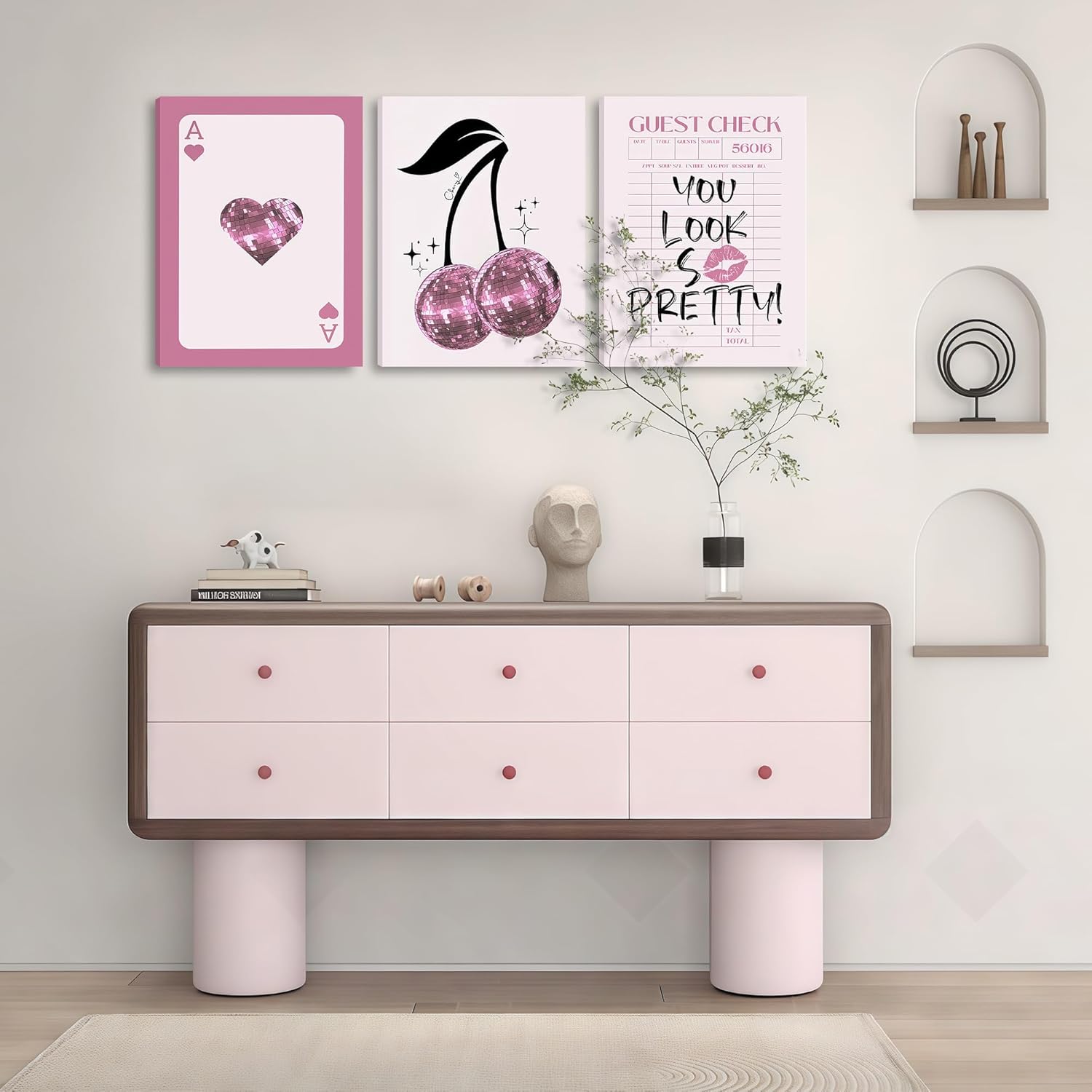 3Pcs Framed Trendy Disco Ball Cherries Wall Art Retro Guest Check Wall Decor Pictures Pink Preppy Poker Canvas Posters Prints for Girls Bedro Home Decoration 12x16in