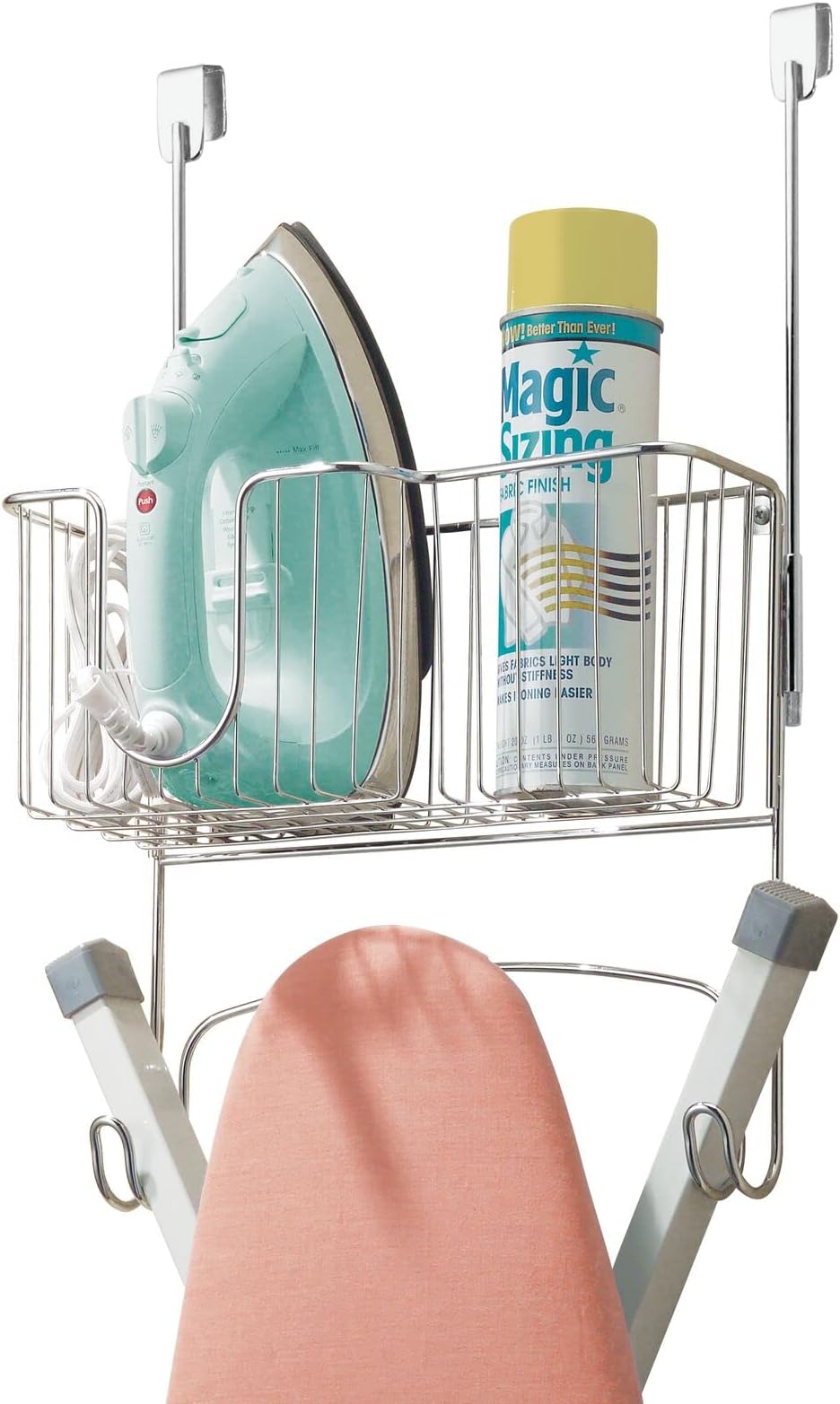 mDesign Ironing Board Holder with Large Storage Basket - Holds Iron, Board, Spray Bottles, Starch, Fabric Refresher Iron for Laundry Rooms – Durable Steel, Chrome