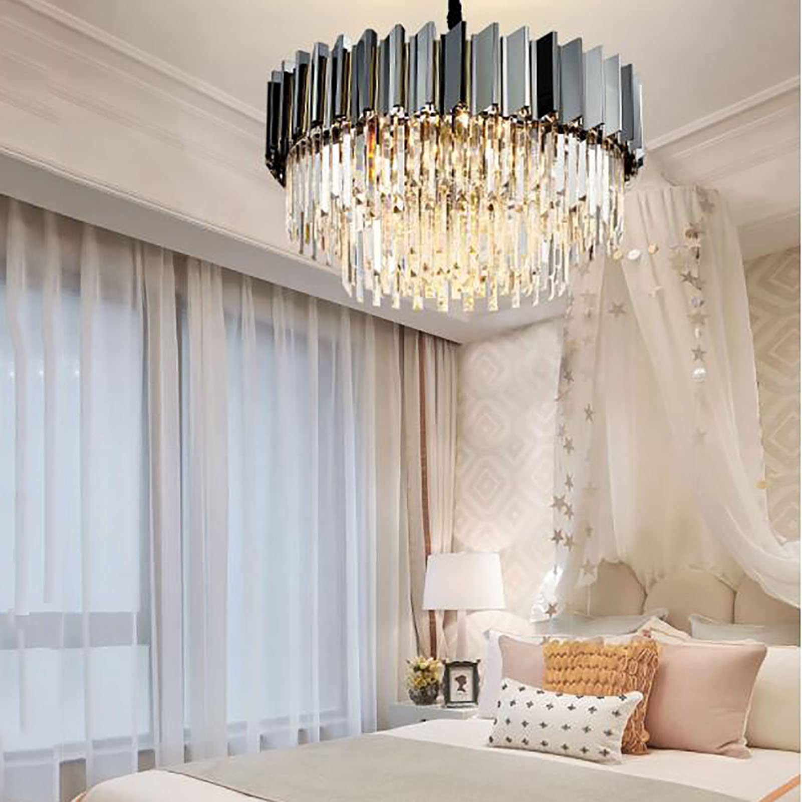 Moderne K9 Kristall Pendelleuchte,Runde Gold Kristall Kronleuchter Zeitgenössische Luxus Pendeldecke Beleuchtungskörper Für Esszimmer Wohnzimmer Küche Insel Schlafzimmer-Schwarz 60x40cm