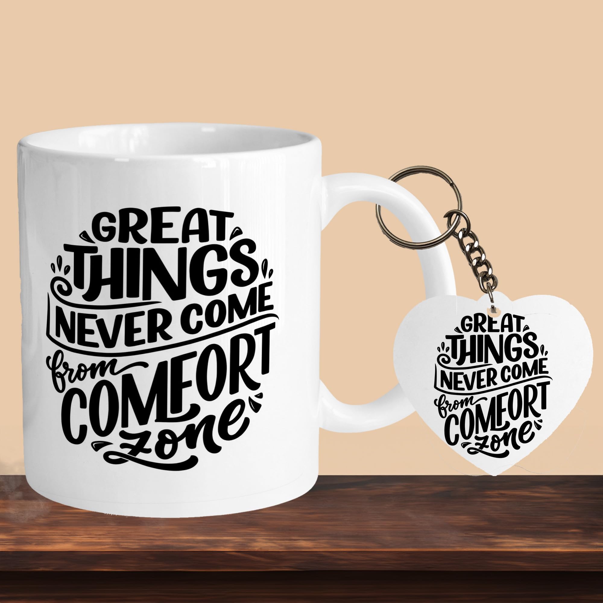 VM SHOPPING MALL Premium 330ml Ceramic White Coffee Mug - Perfect for Coffee and Tea - with Keychain Great Things Never Comes with Comfort Zone R-H