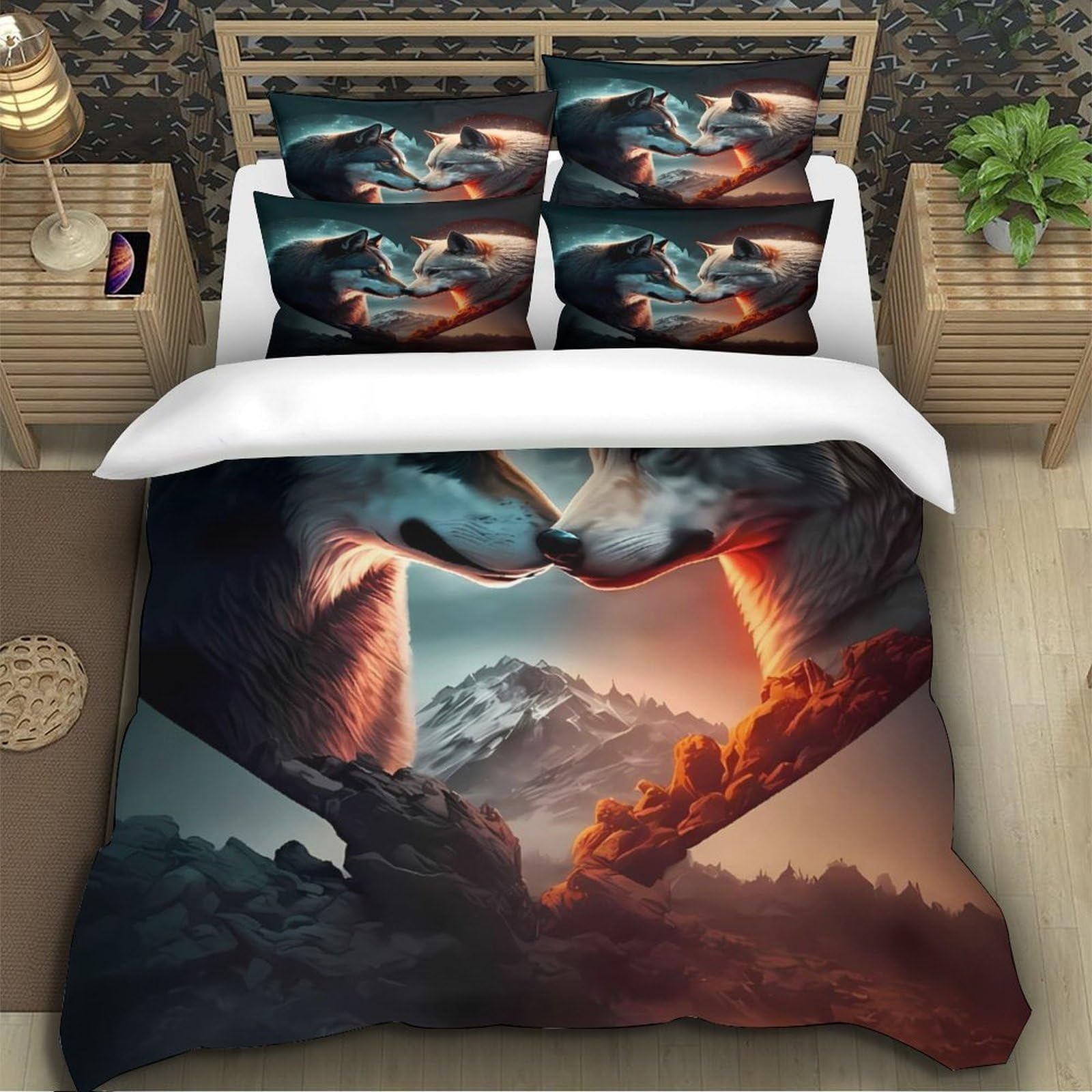 3D Druck Wolf Pärchen Bettbezug Mikrofaser Schlafzimmer Deko Wolf Kunst Bettwäsche Set Hautfreundlich Atmungsaktiv Erwachsene Jugendliche Super King（260x220cm）