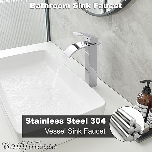Miniatura 2 de Bathfinesse Grifo de baño de cromo pulido para fregadero de recipiente, grifo de lavabo de acero inoxidable alto, de una sola manija, un agujero,