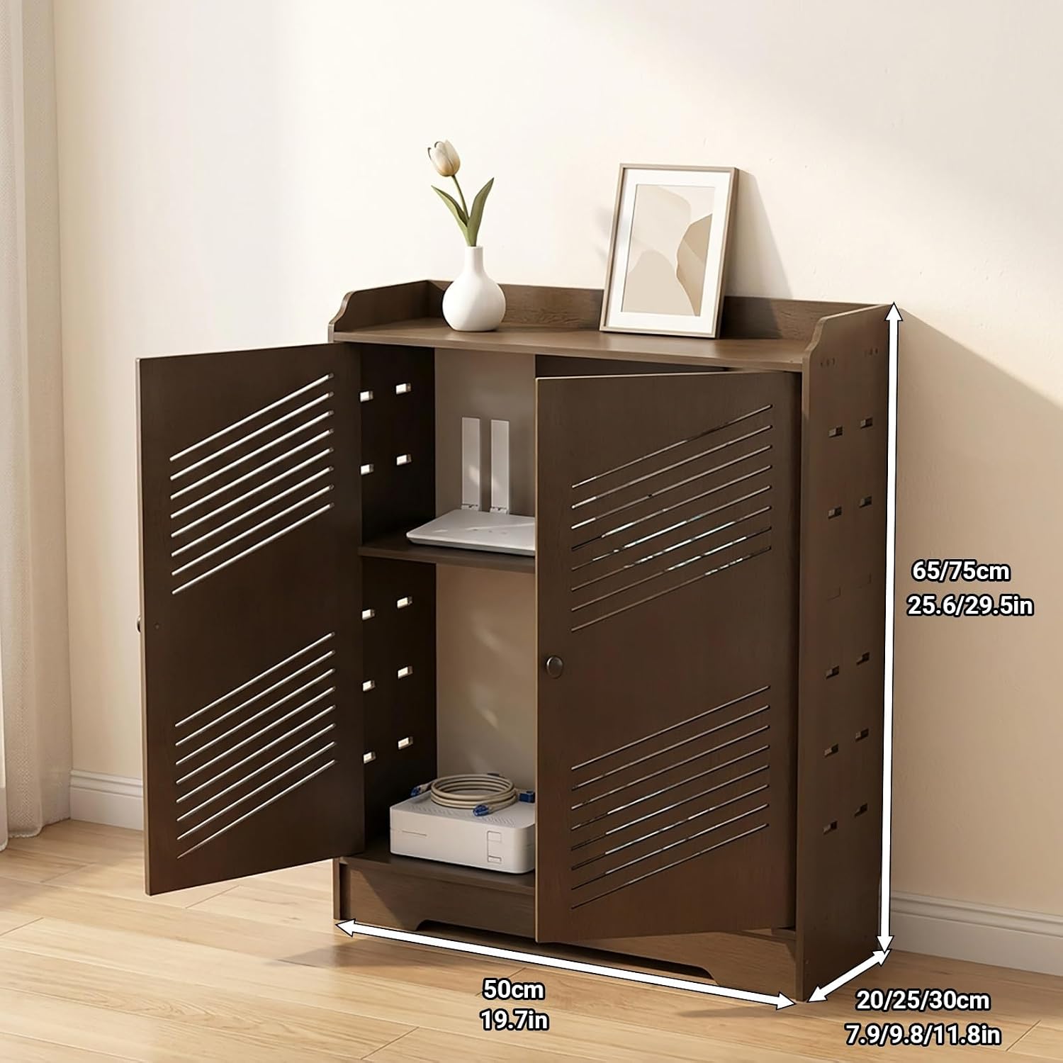 Router Box Cover,Wooden WiFi Network Set-top Box,Covering Box Living Room WiFi Shelves,The Shelf Height is Adjustable, with Ventilation Holes and Cable Channels.(19.69x25.59x9.84in)
