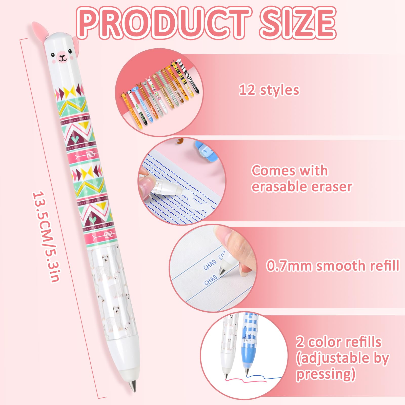 Set di 12 penne gel cancellabili con motivo testa di animale, penne cancellabili bicolore da 0,7 mm, cancellabili per scuola, ufficio, studenti, cancellabili con gomma