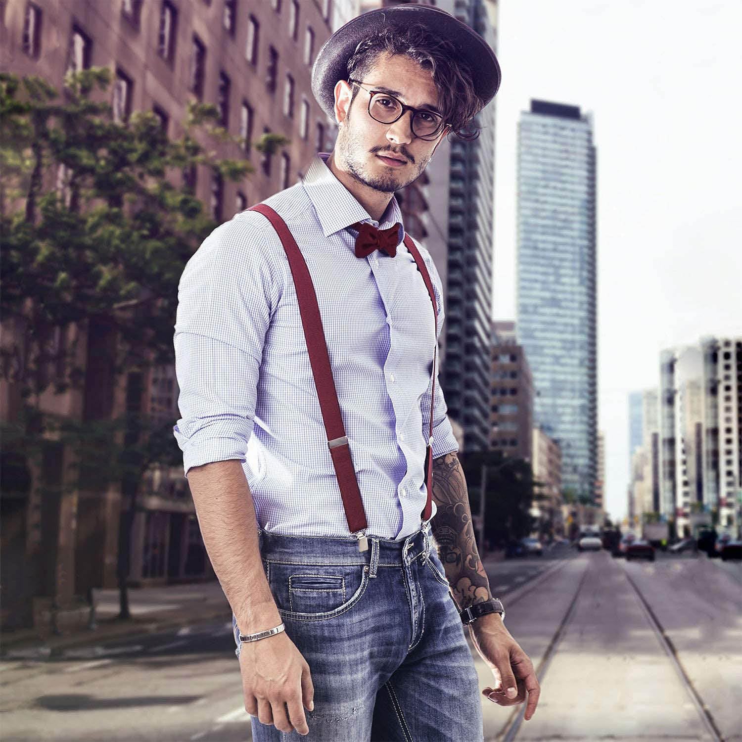 DonDon Set de tirantes y pajarita para hombre, forma de Y, ancho 3,5 cm, hecho a mano - Elegante accesorio para boda, fiesta, smoking