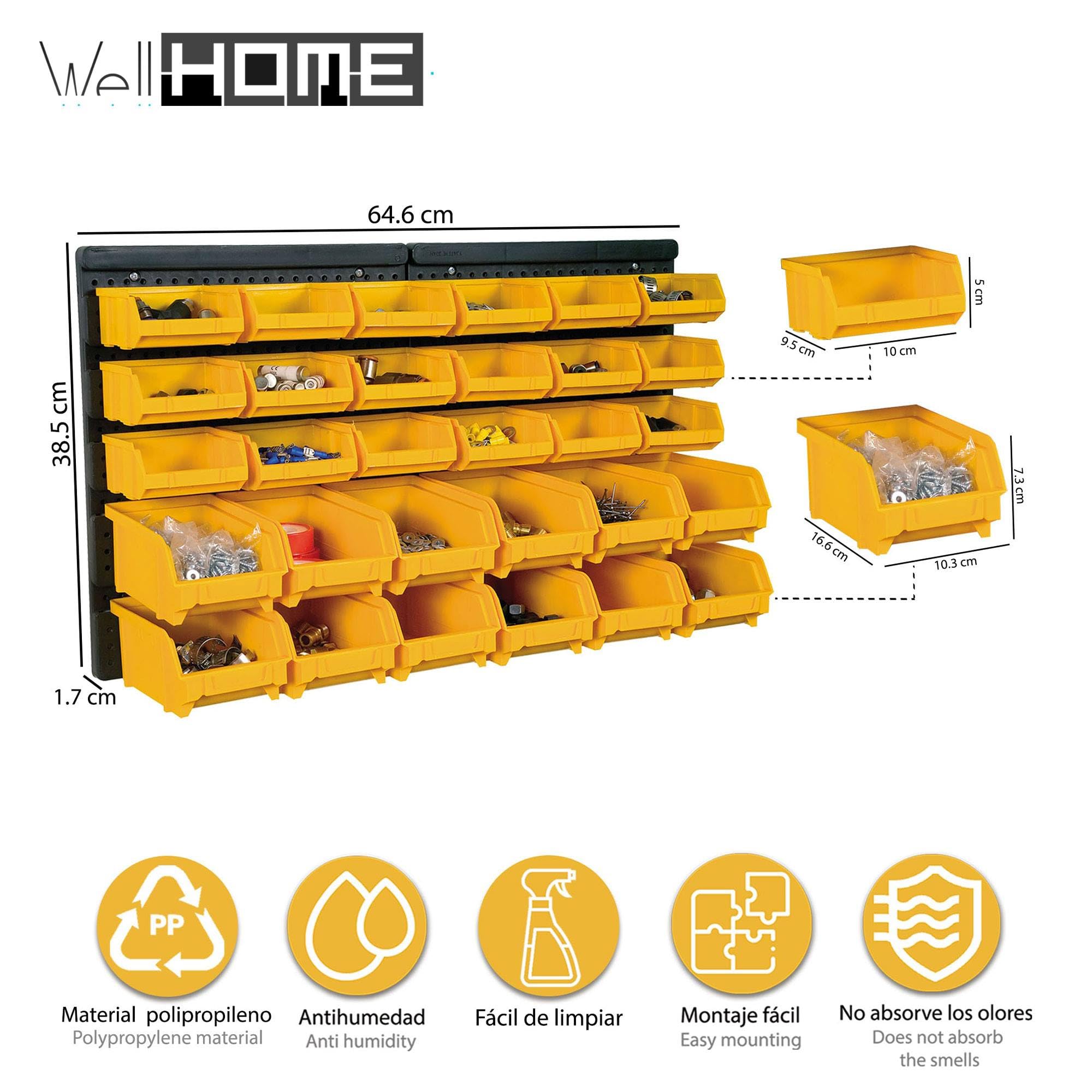 Panel en polipropileno 64,6 x 1,7 x 38,5 cm + 18 contenedores 10x9,5x5cm + 12 contenedores 10,3x16,6x7,3cm