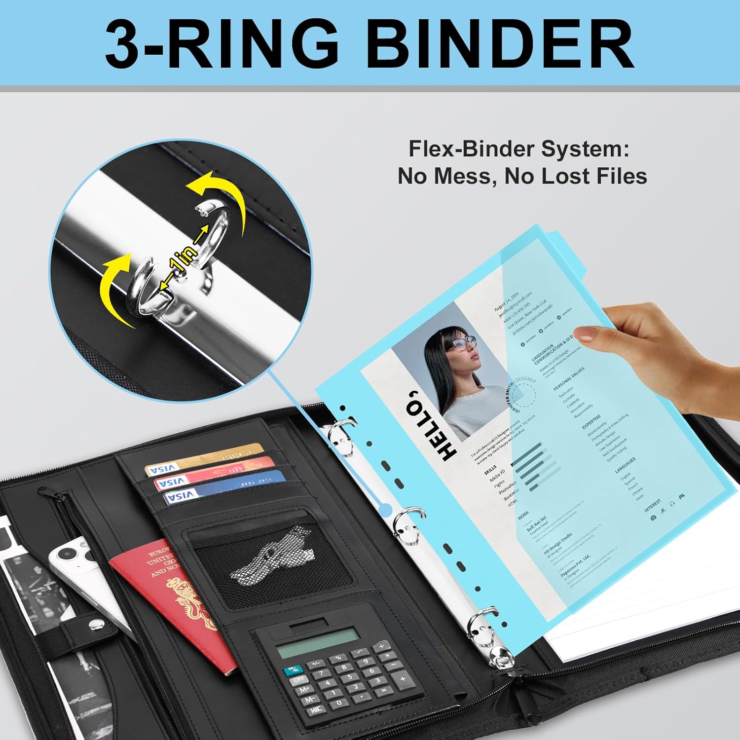 Eshow Portfolio Organizer - 3 Ring Binder with Zipper, Vegan Leather Business Padfolio Folder with Notepad Includes 5 Color Sheet Protectors for Documents Files for Men Women - Image 8