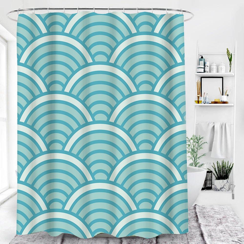 Cortina de Ducha 200 x 200 cm de Abanico Azul y Blanca para Baño, Diseño Geométrico Japonés, Moderna y Sencilla, de Poliéster Impermeable con Ganchos, 200An x 200Al cm (1 Paneles)