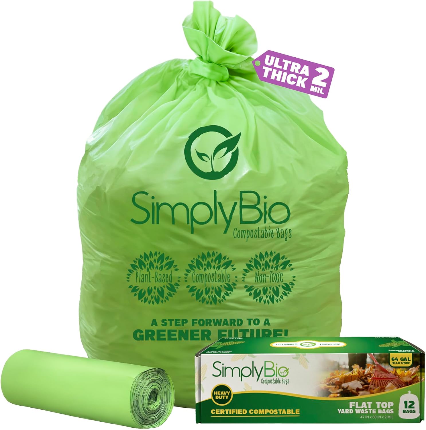 60-65 Gallon Compostable Trash Bags Liners Flat-Top, Heavy Duty Extra Thick 2 Mil, 242.27 Liter, 12 Bags, Lawn, Yard, and Restaurant Use, ASTM D6400, US BPI, OK Compost Home Certified
