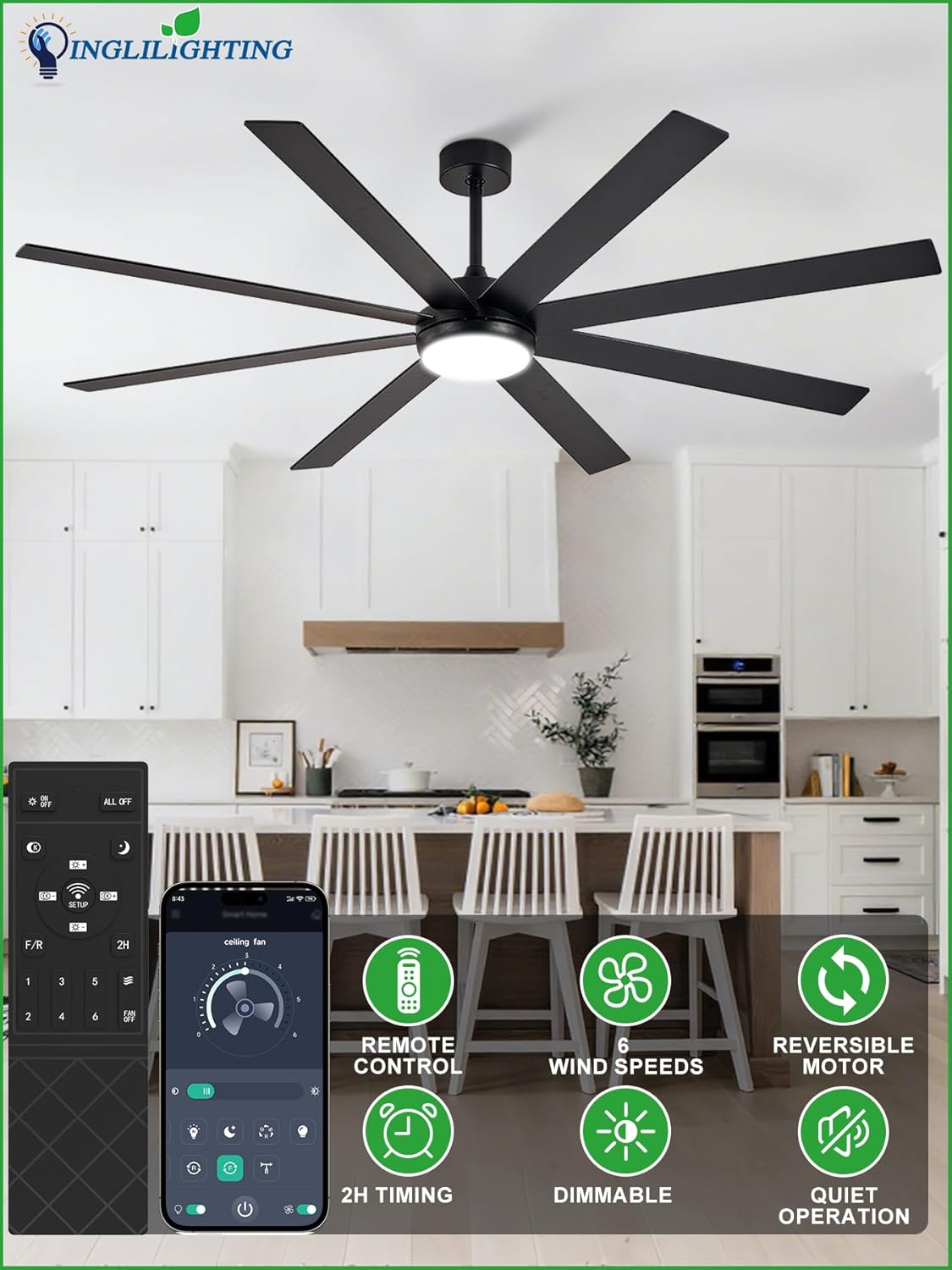 DLLT Large Ceiling Fans with Lights: 72in Modern Indoor/Outdoor Ceiling Fan for Living Room Patio - Black Ceiling Fans with Remote APP Control 8 Blades Reversible Quiet DC Motor Timer 6 Speeds 3 CCT